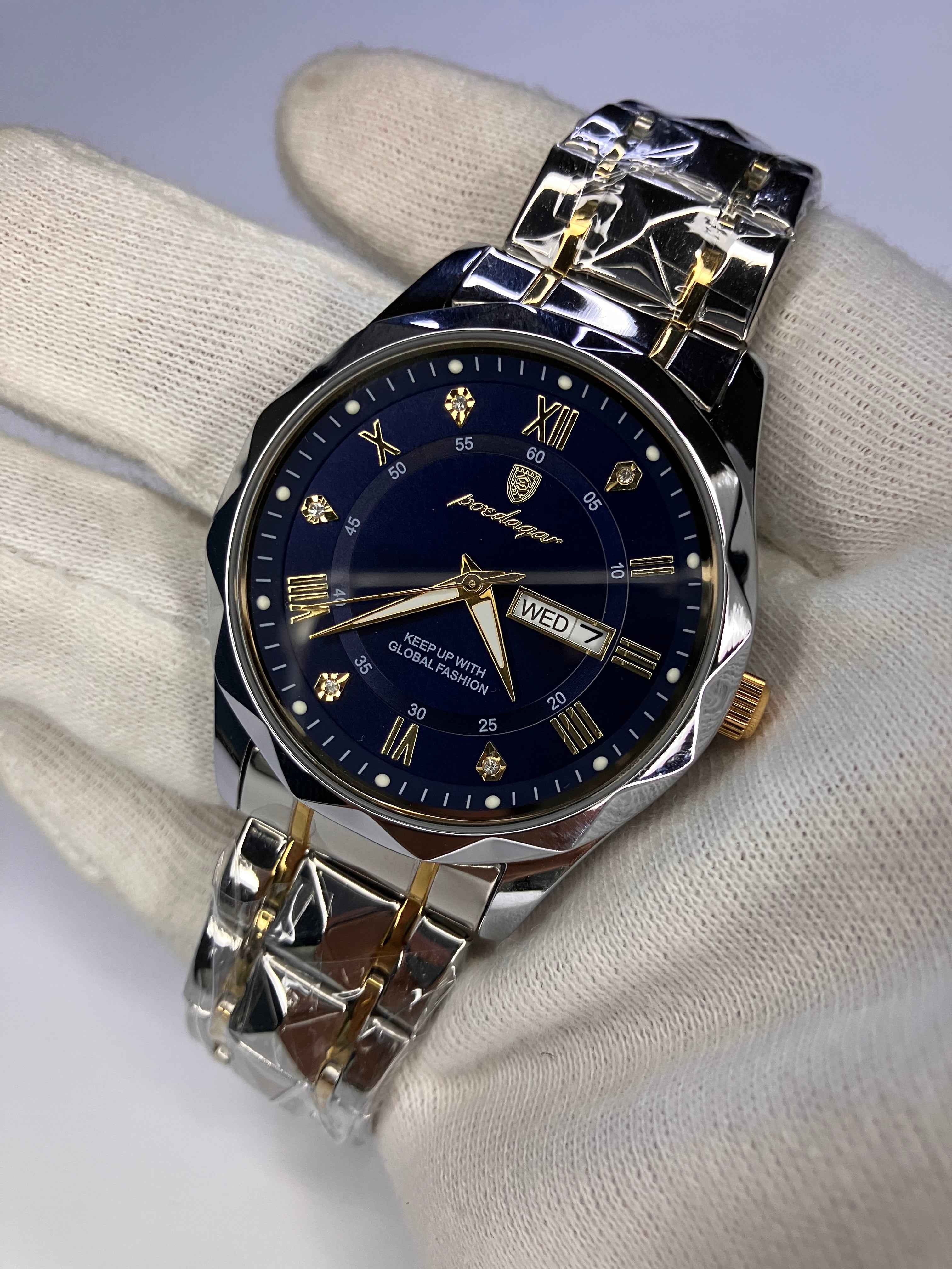 β¨ Elegant Men's Dual-Tone Wristwatch β β Royal Blue Dial with Day & Date Display π