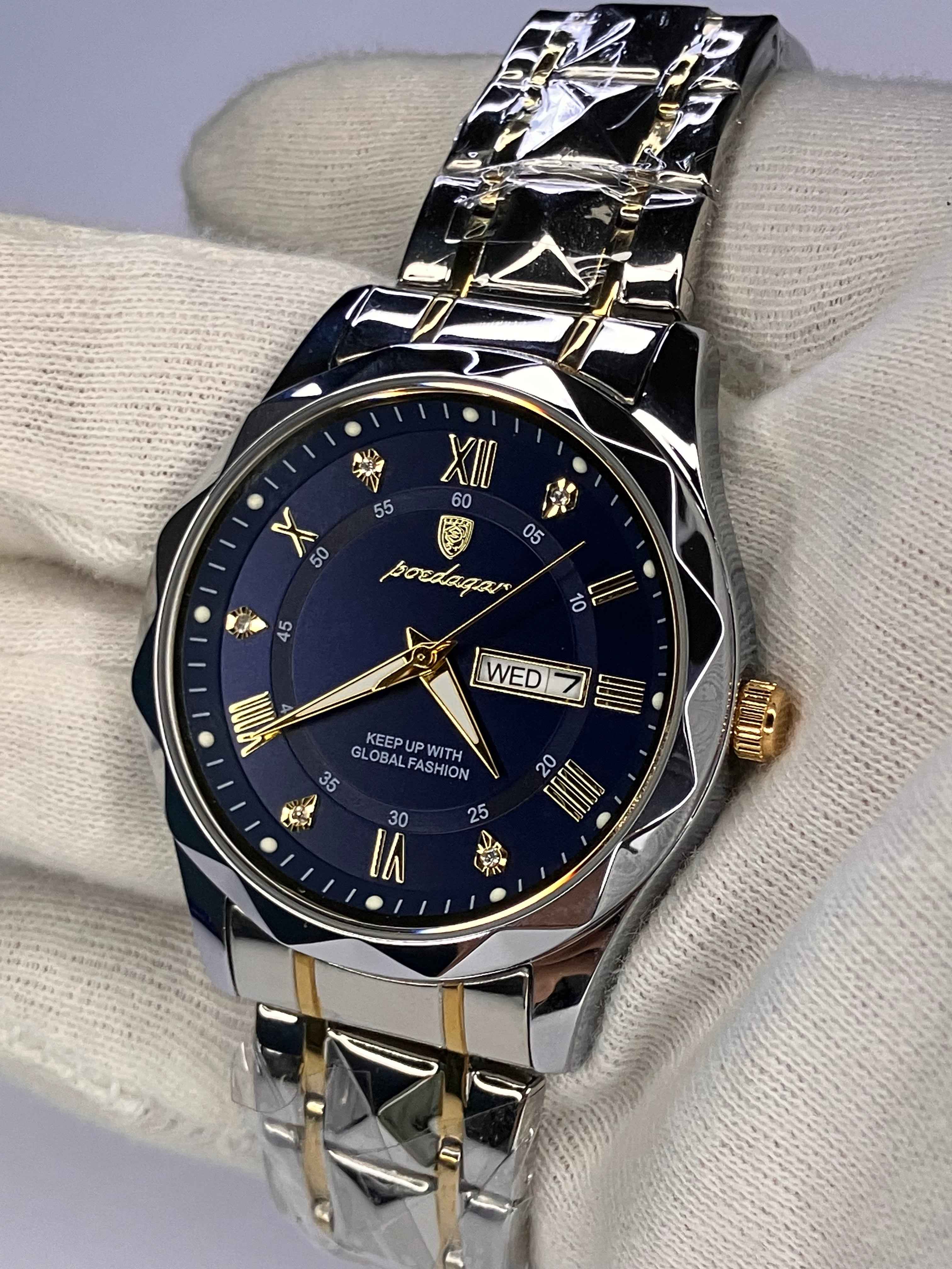 β¨ Elegant Men's Dual-Tone Wristwatch β β Royal Blue Dial with Day & Date Display π