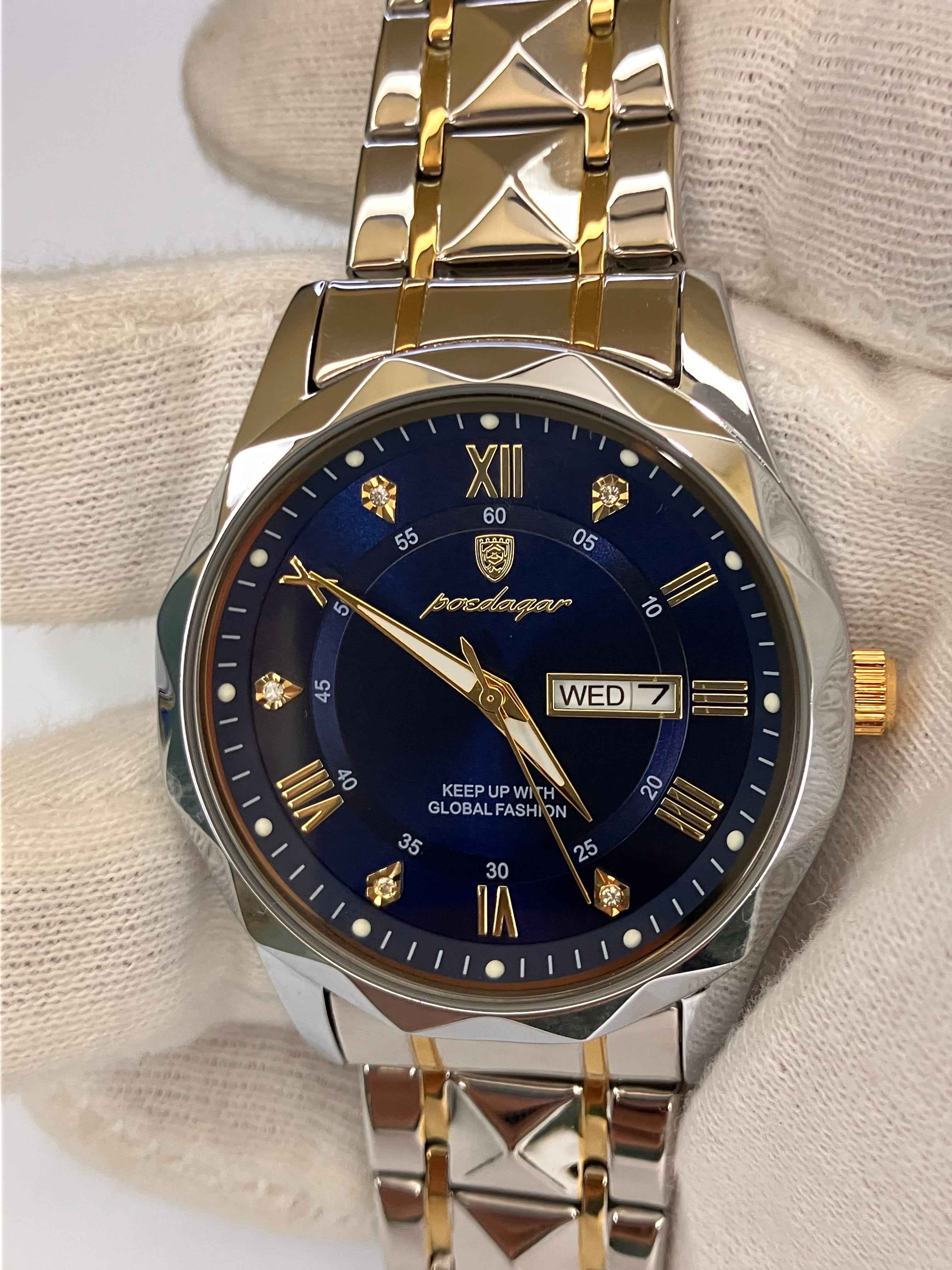 β¨ Elegant Men's Dual-Tone Wristwatch β β Royal Blue Dial with Day & Date Display π