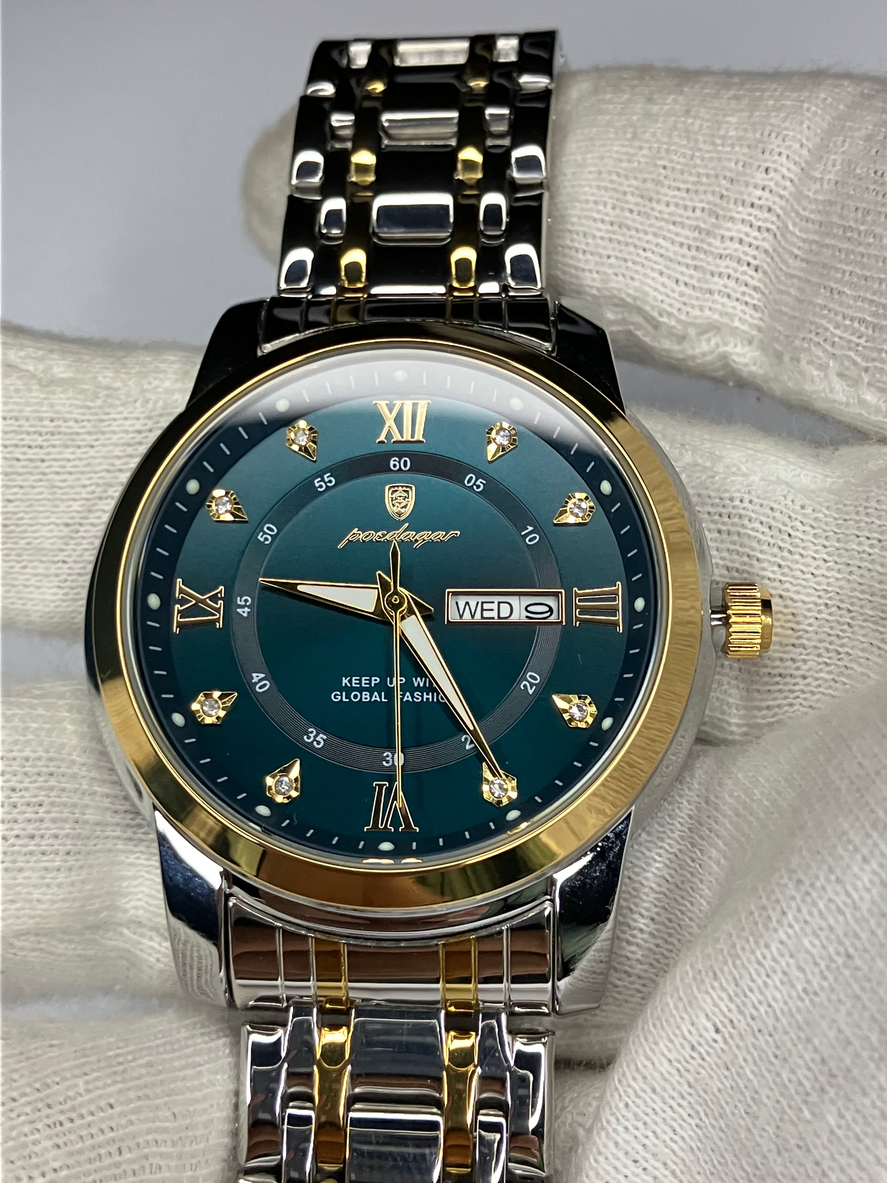 Luxury Green Dial Men's Watch β Dual-Tone Steel Strap | Day & Date Display