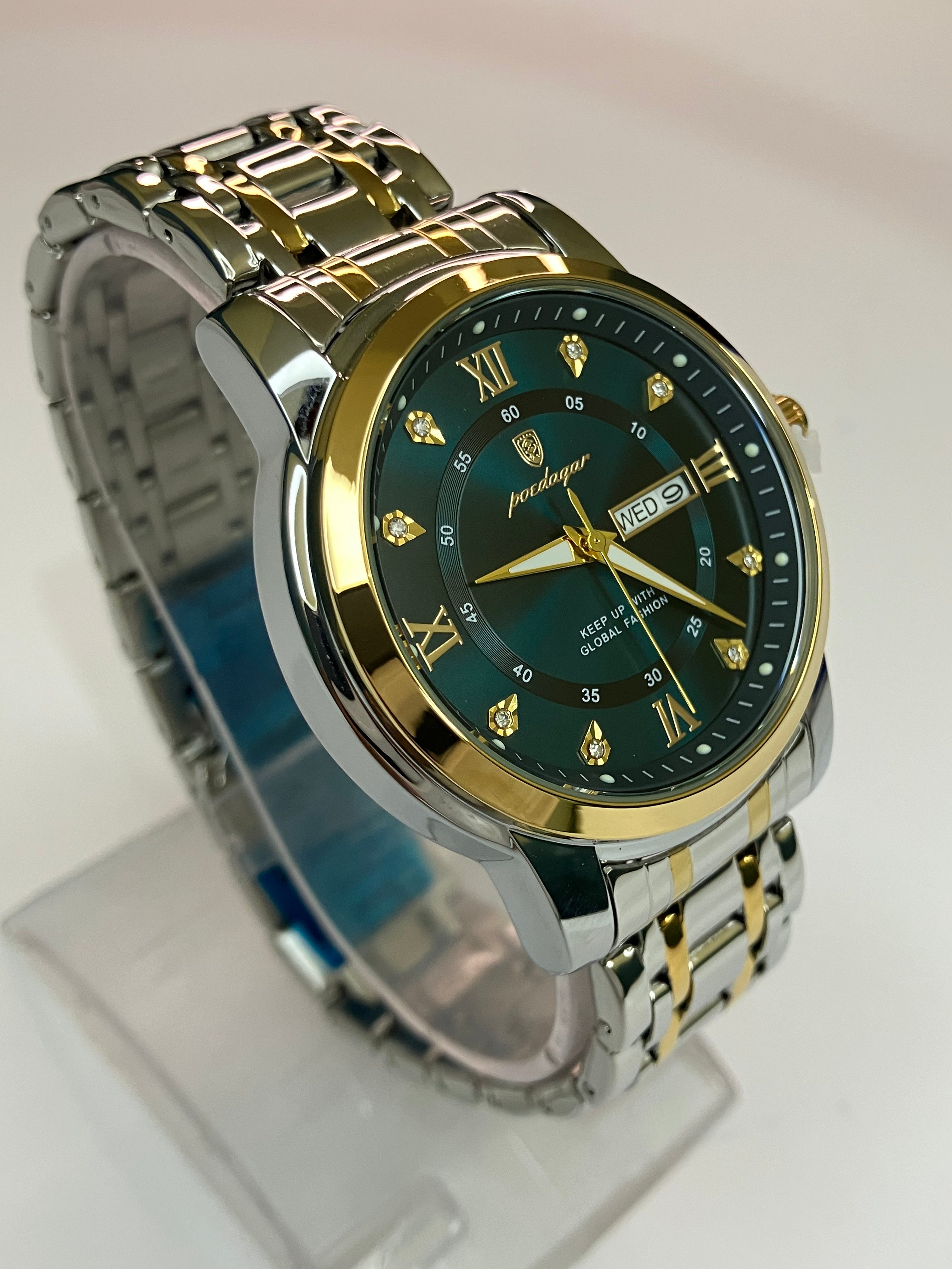 Luxury Green Dial Men's Watch β Dual-Tone Steel Strap | Day & Date Display