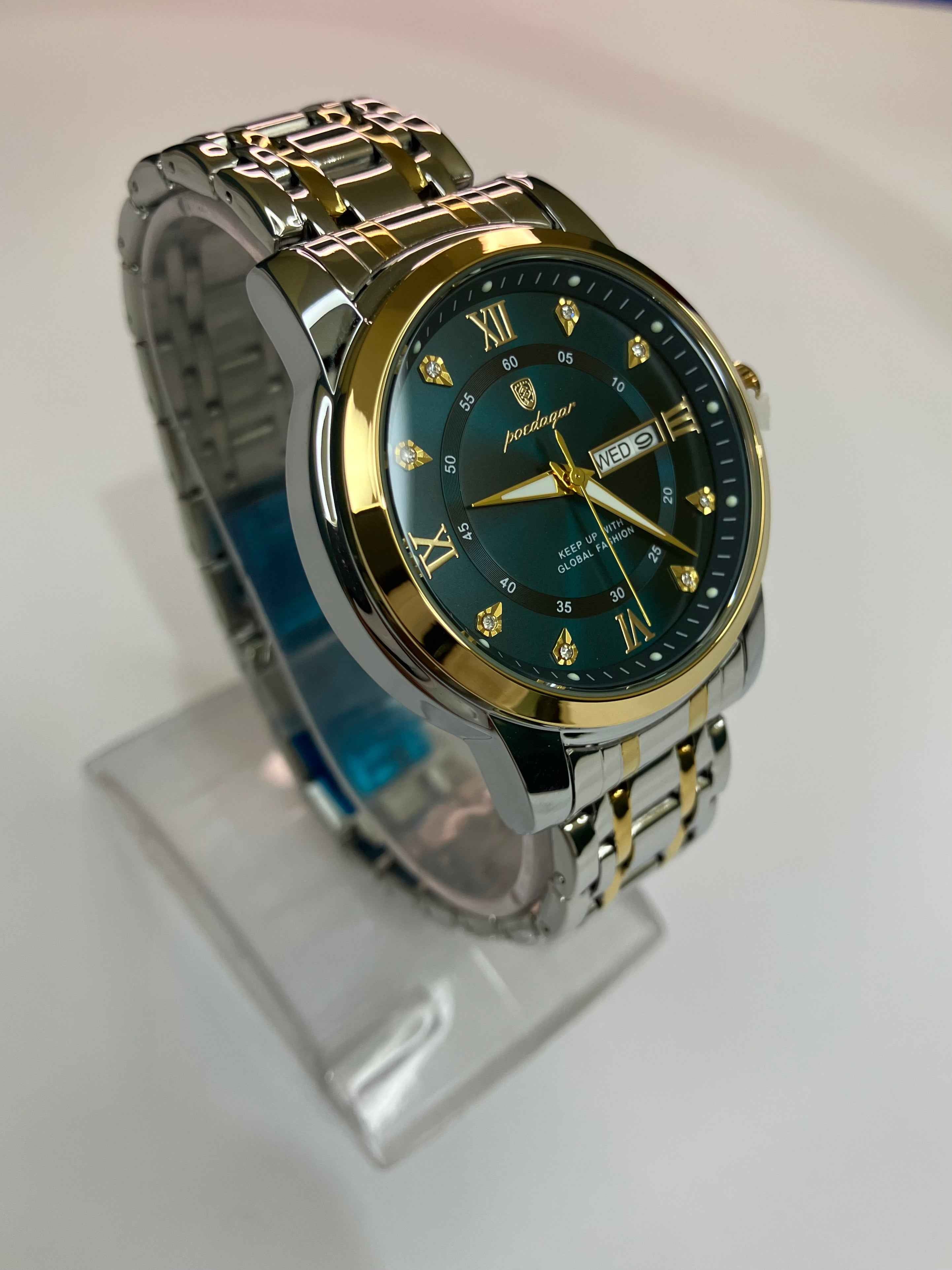 Luxury Green Dial Men's Watch β Dual-Tone Steel Strap | Day & Date Display