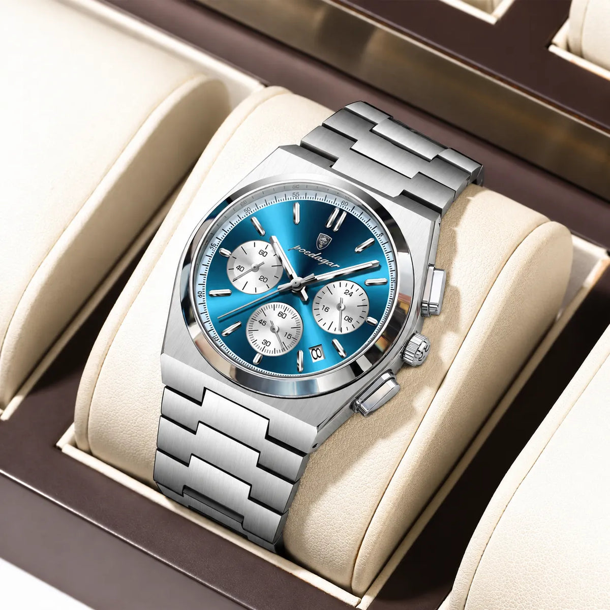 POEDAGAR Apex Chronograph Watch Men Steel Blue Dial Luminous