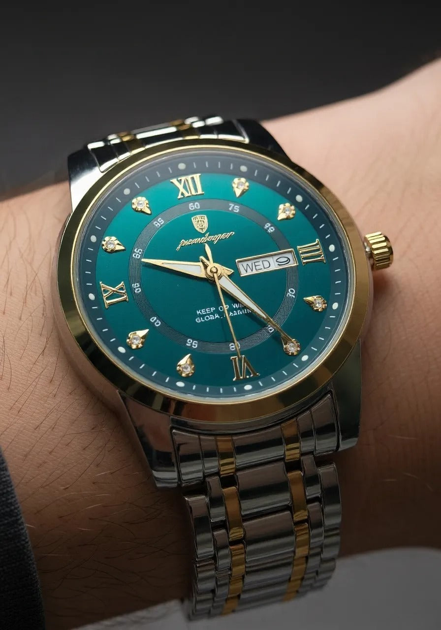 Luxury Green Dial Men's Watch – Dual-Tone Steel Strap | Day & Date Display
