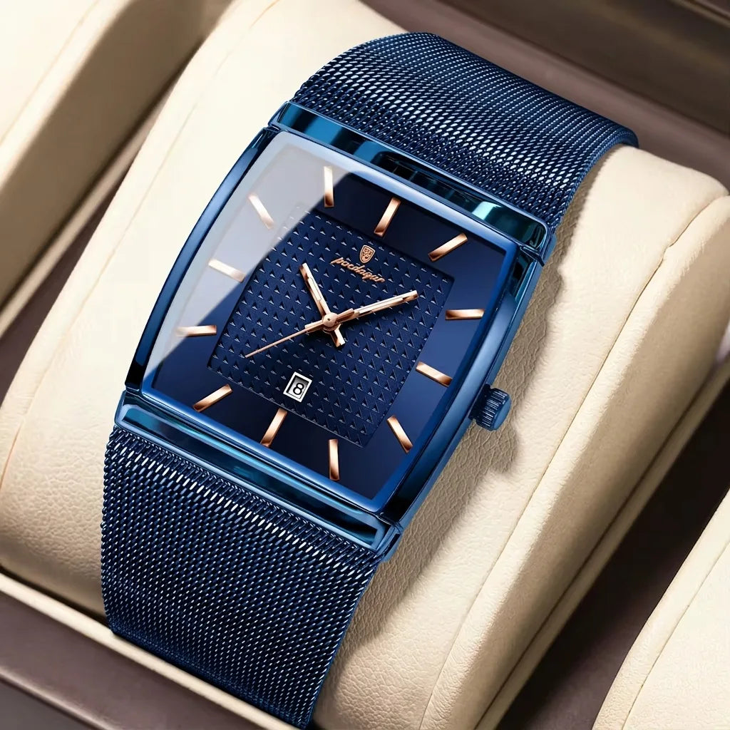 POEDAGAR Icon Square Watch Men Mesh Steel Date Luminous 3 Colors