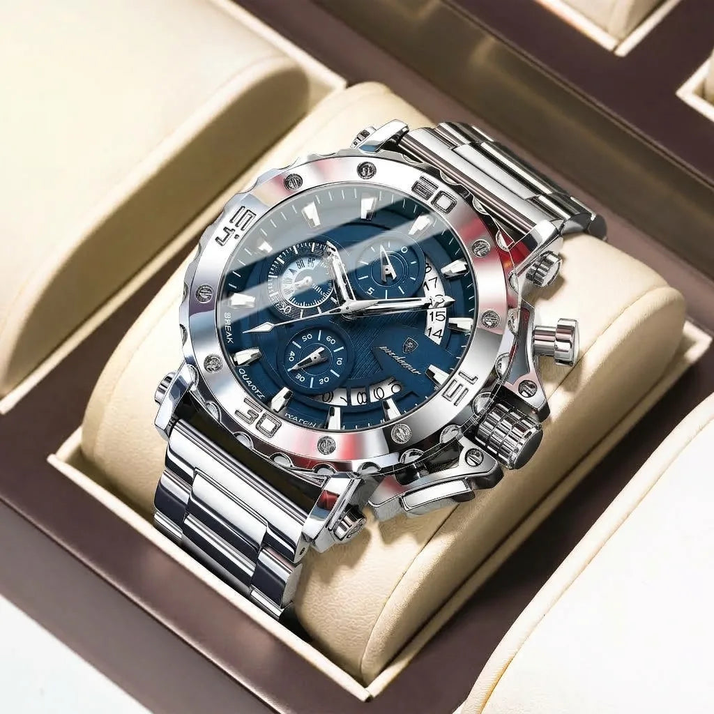 POEDAGAR Titan Chronograph Watch Men Steel Day Date 2 Colors