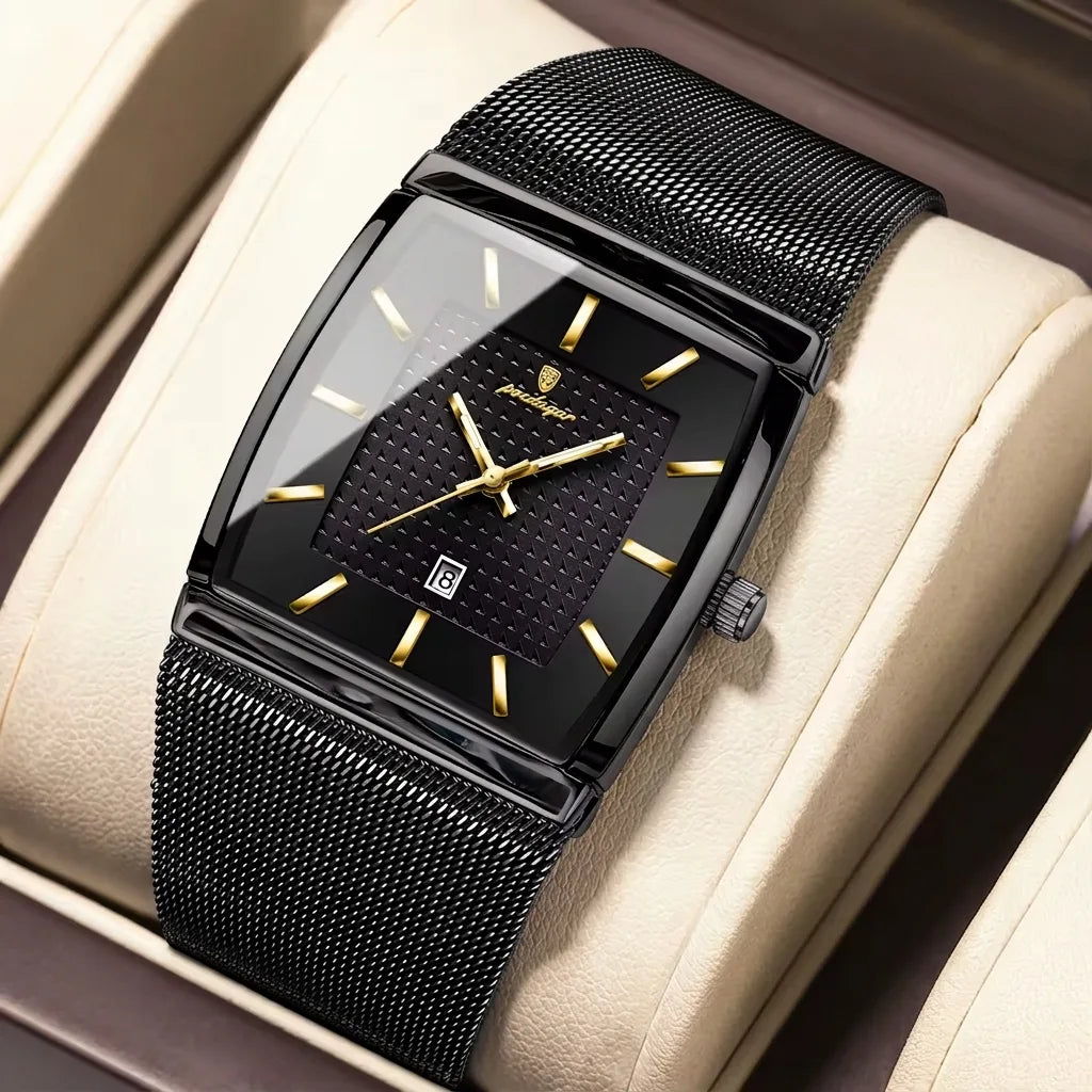 POEDAGAR Icon Square Watch Men Mesh Steel Date Luminous 3 Colors