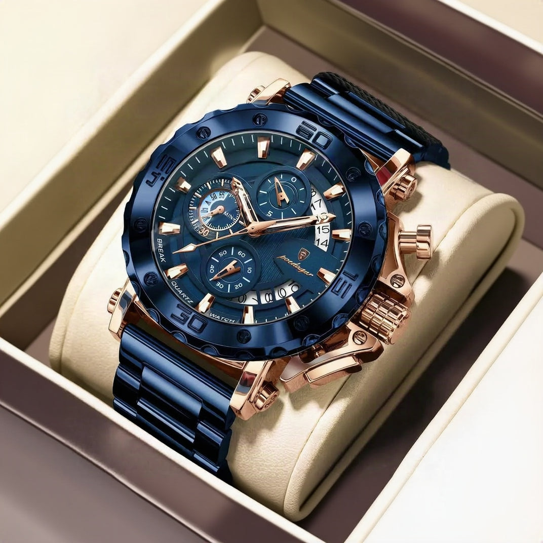POEDAGAR Titan Chronograph Watch Men Steel Day Date 2 Colors