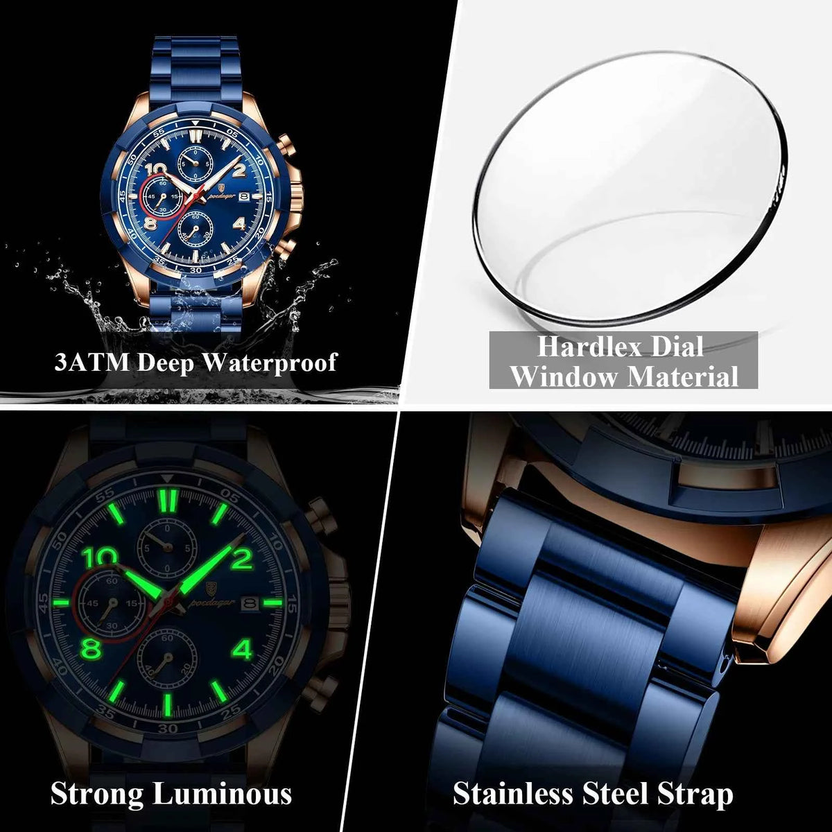 POEDAGAR Magnate Watch Men Rose Gold Steel Chrono 2 Colors