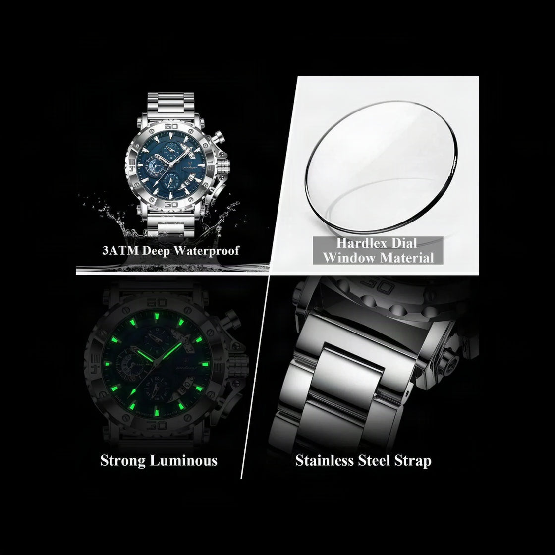 POEDAGAR Titan Chronograph Watch Men Steel Day Date 2 Colors