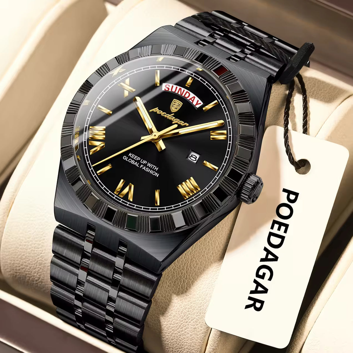 POEDAGAR Sovereign Watch Men Steel Day Date Luminous 3 Colors