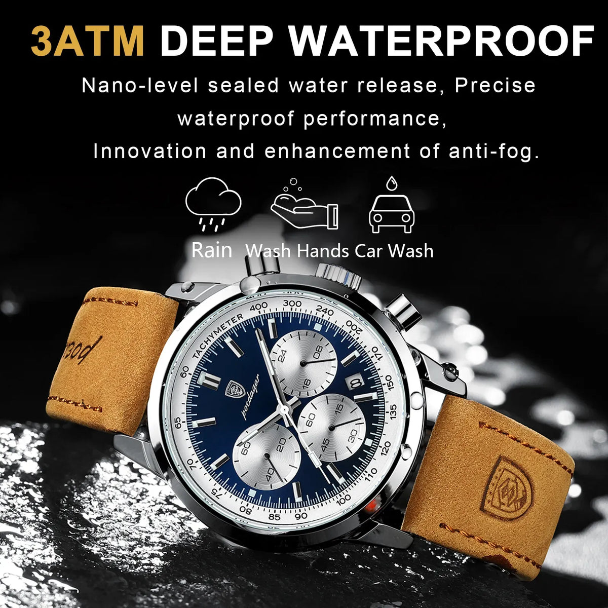 POEDAGAR Signature Watch Men Blue Dial Date Luminous 2 Straps