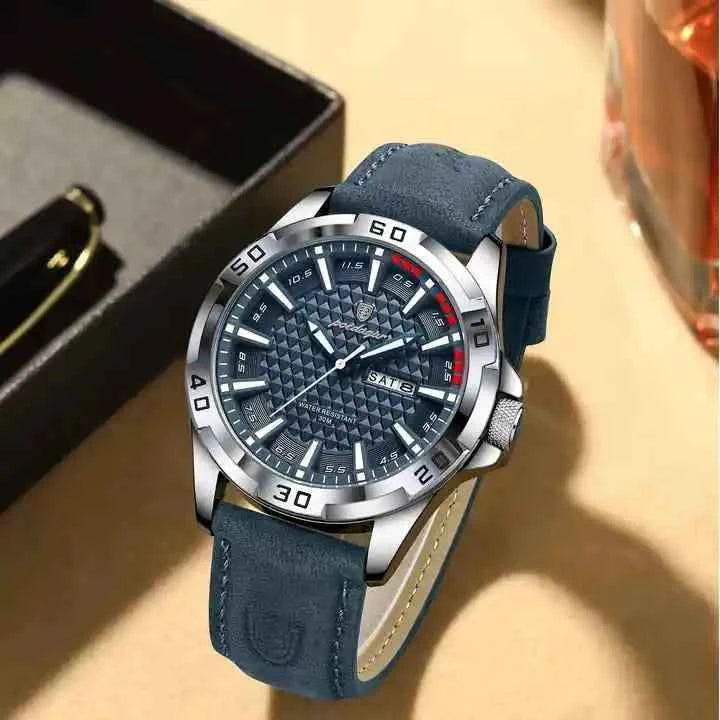 POEDAGAR Heritage Leather Watch Men Blue Dial Day Date Luminous