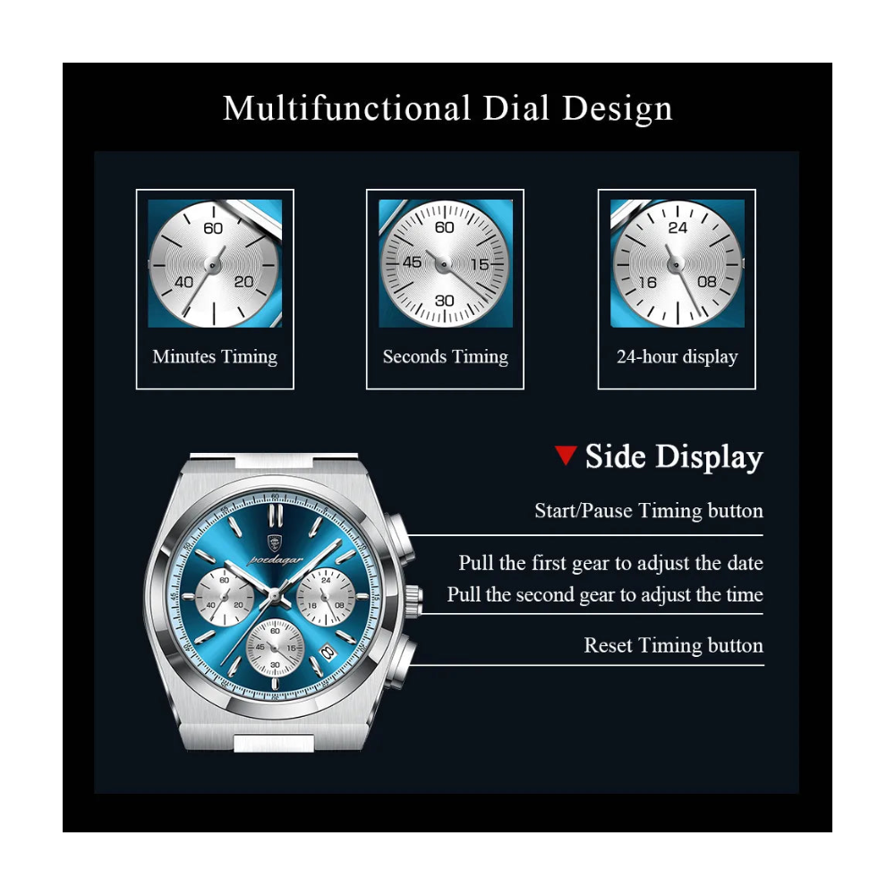 POEDAGAR Apex Chronograph Watch Men Steel Blue Dial Luminous