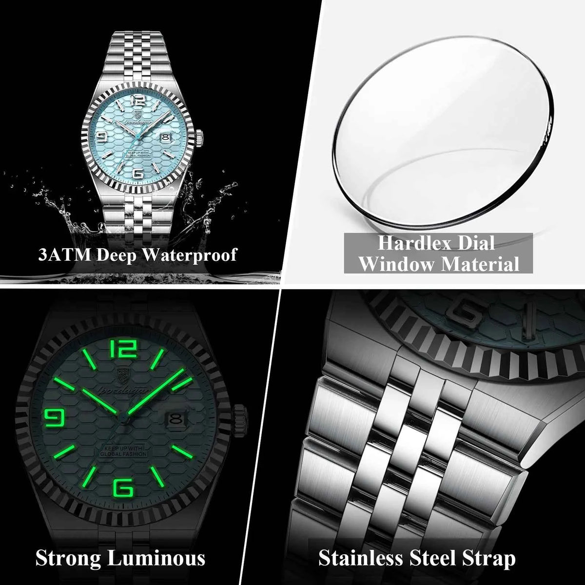 POEDAGAR Crown Watch Men Steel Honeycomb Dial Date Luminous