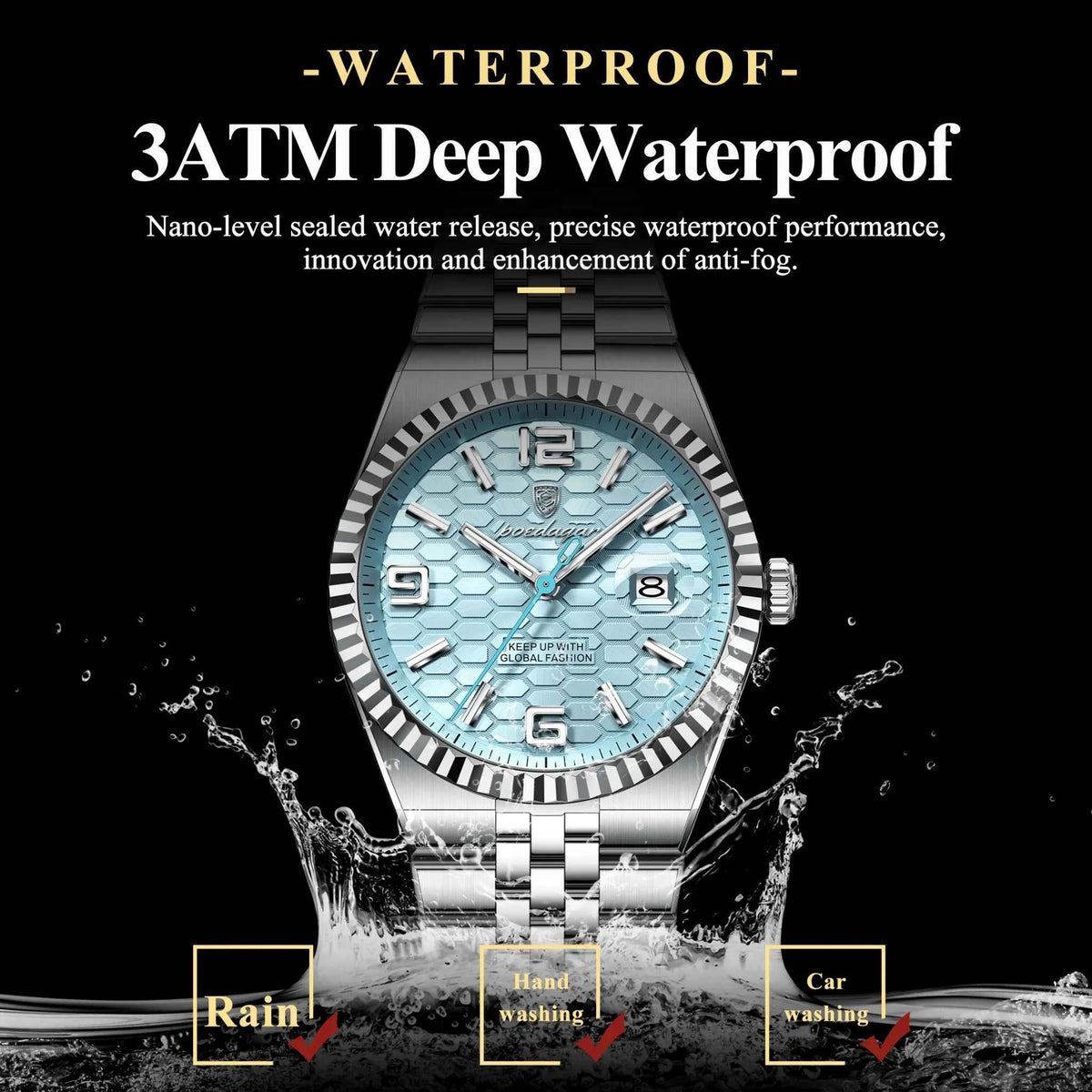 POEDAGAR Crown Watch Men Steel Honeycomb Dial Date Luminous