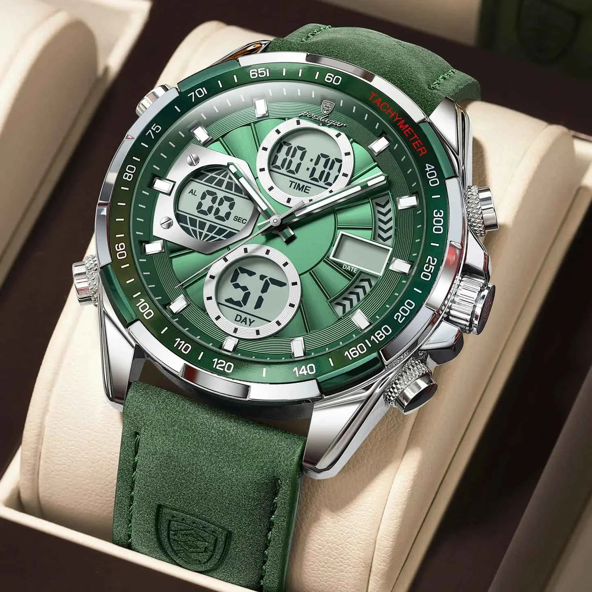 POEDAGAR Fusion Watch Men Dual Display Digital Analog Leather