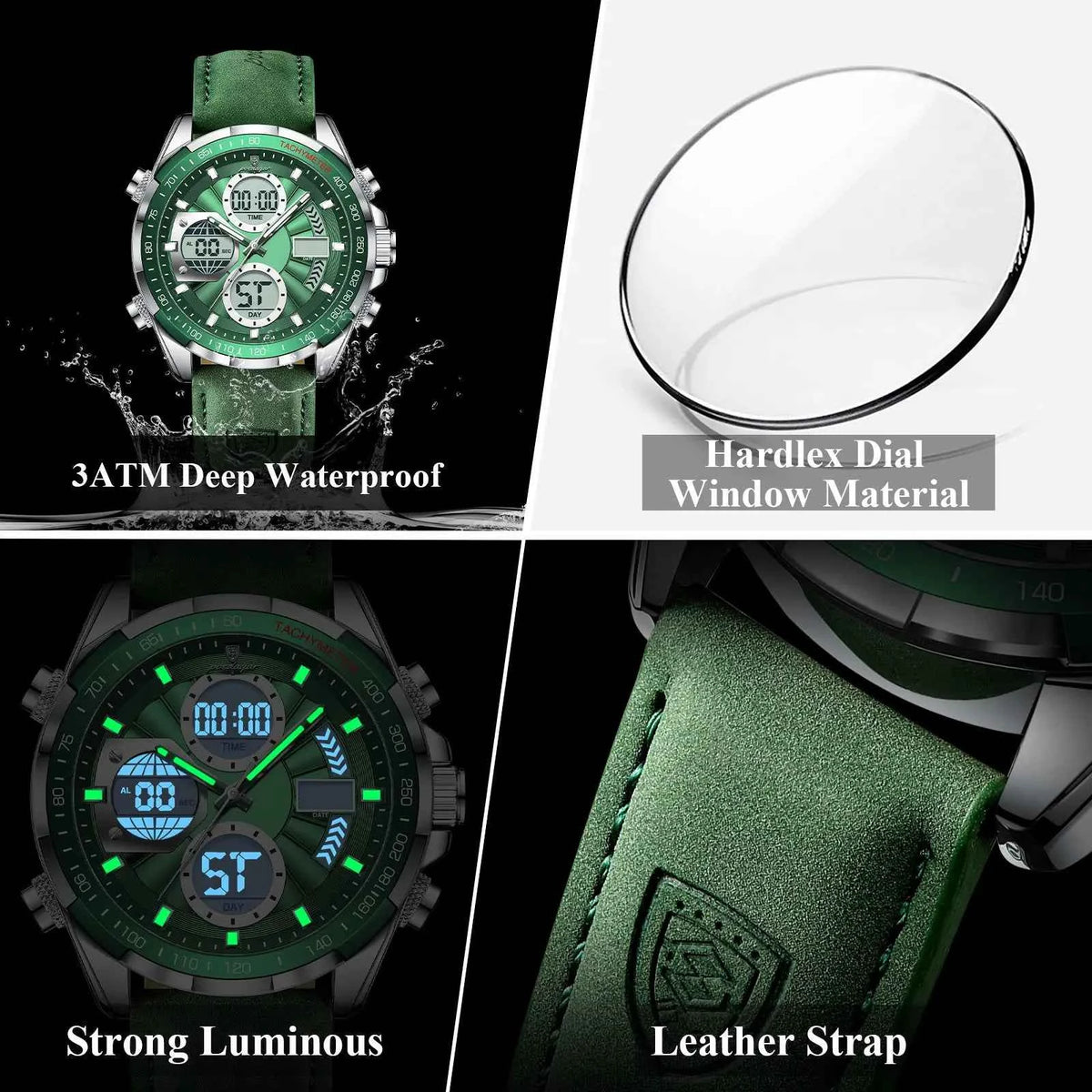 POEDAGAR Fusion Watch Men Dual Display Digital Analog Leather