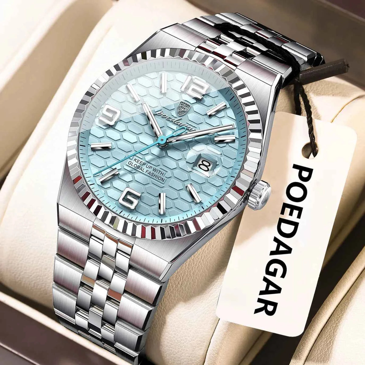POEDAGAR Crown Watch Men Steel Honeycomb Dial Date Luminous