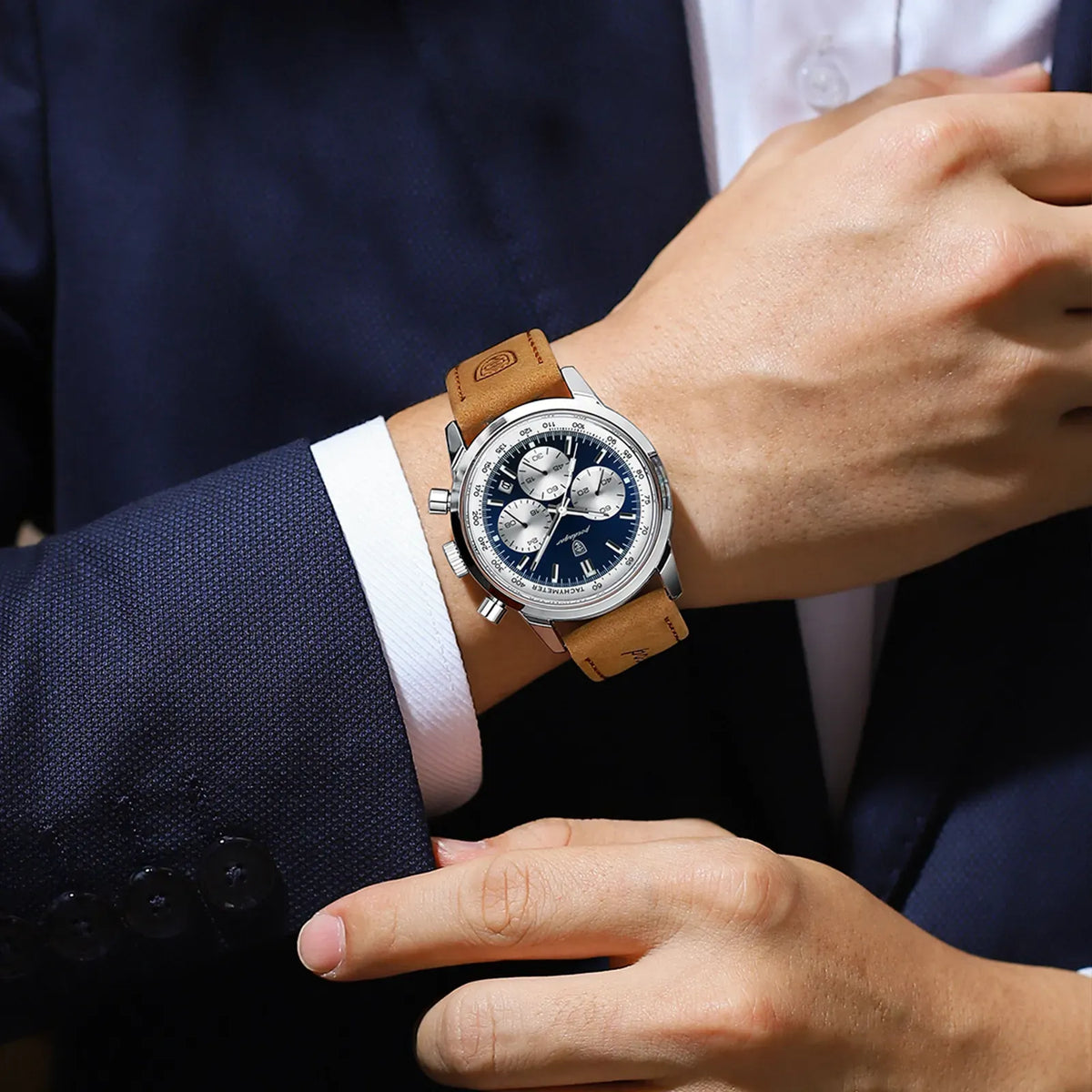 POEDAGAR Signature Watch Men Blue Dial Date Luminous 2 Straps