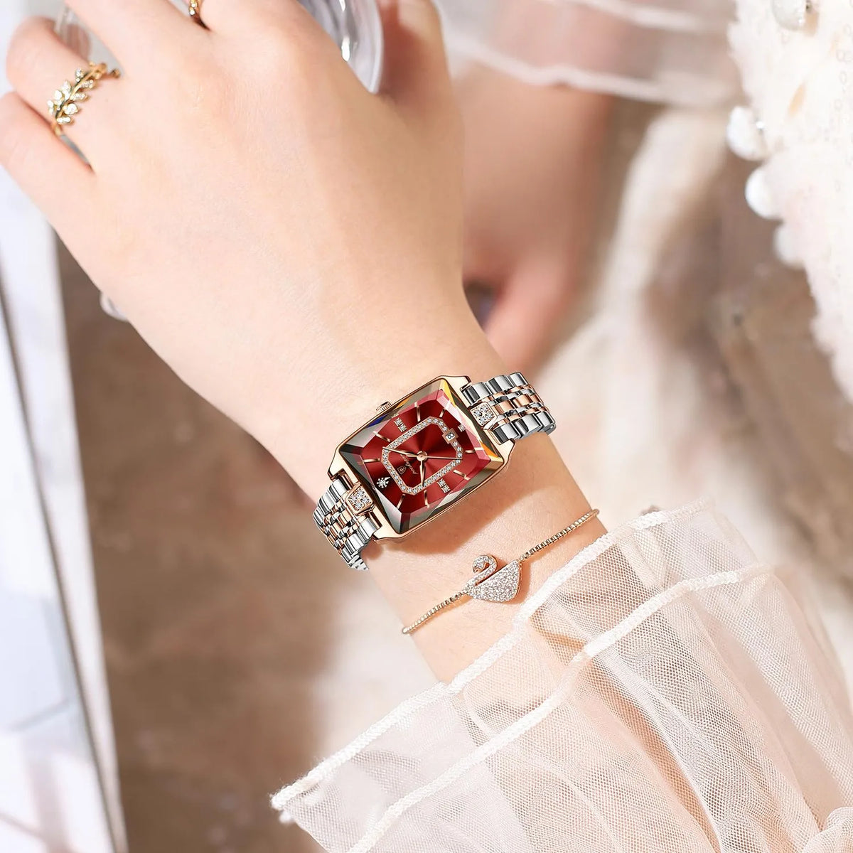 POEDAGAR Elegance Ladies Watch Women Ruby Red Dial Rose Gold