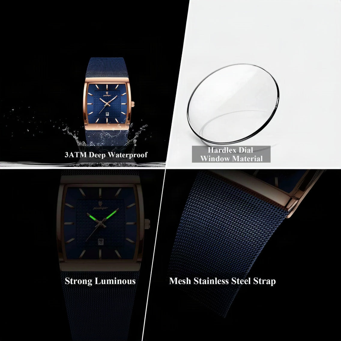 POEDAGAR Icon Square Watch Men Mesh Steel Date Luminous 3 Colors