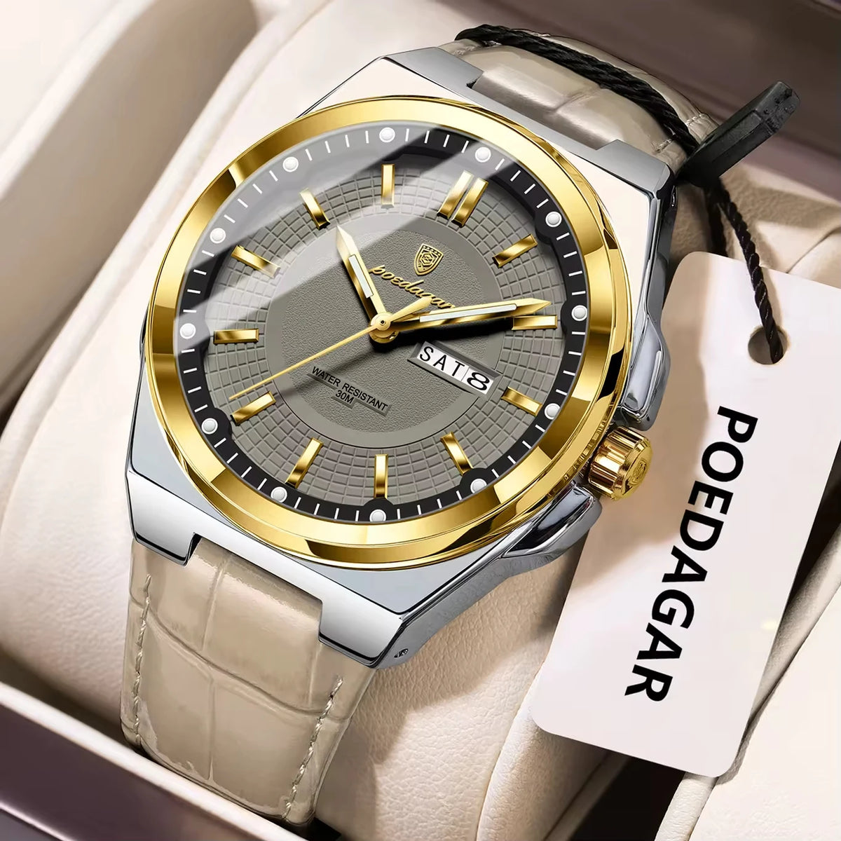 POEDAGAR 896 Regent Leather Day Date Watch Men - Main