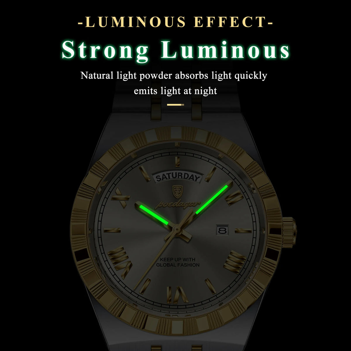 POEDAGAR Sovereign Watch Men Steel Day Date Luminous 3 Colors