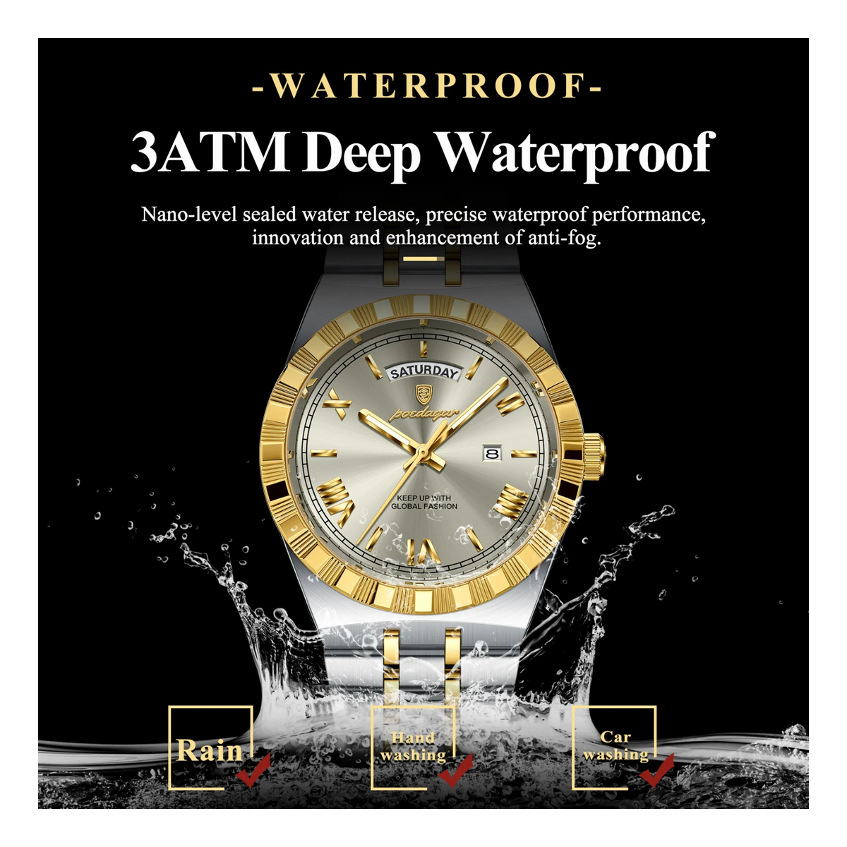 POEDAGAR Sovereign Watch Men Steel Day Date Luminous 3 Colors