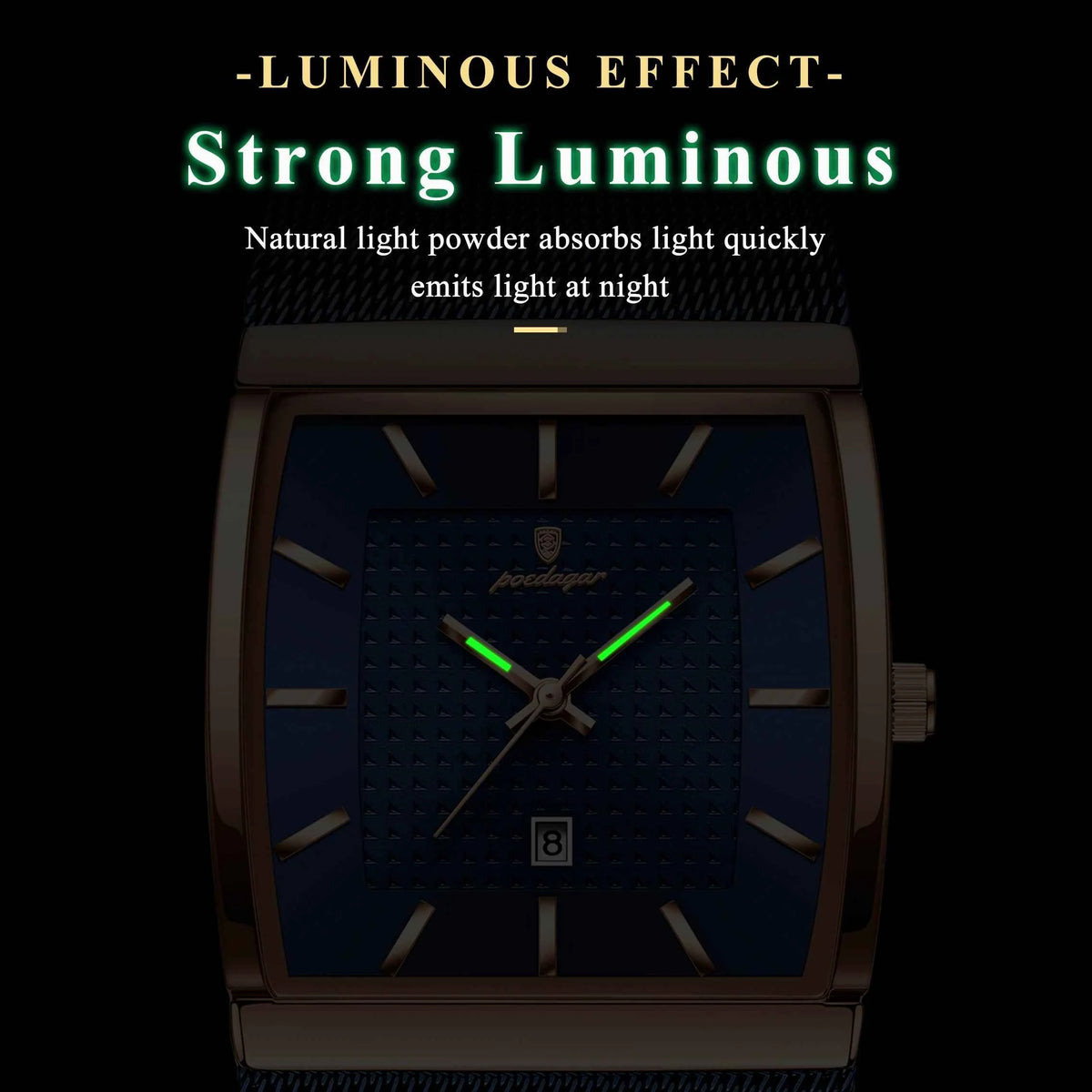 POEDAGAR Icon Square Watch Men Mesh Steel Date Luminous 3 Colors