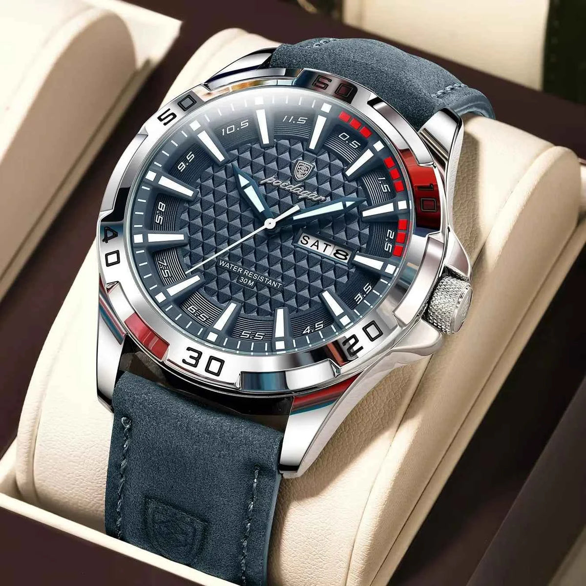 POEDAGAR Heritage Leather Watch Men Blue Dial Day Date Luminous