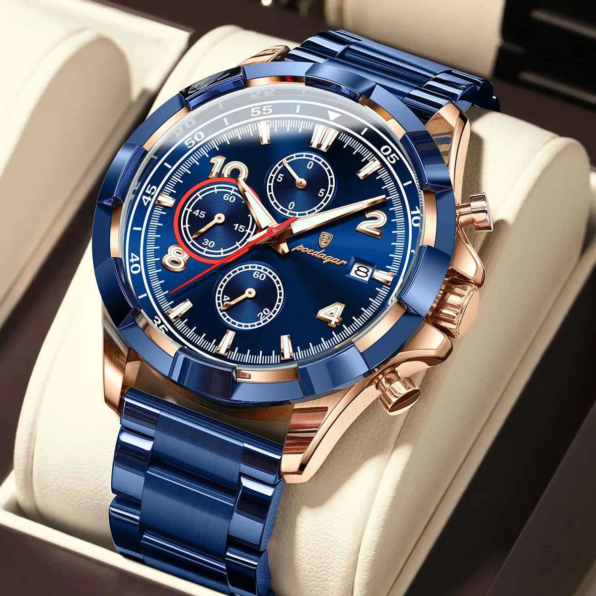 POEDAGAR Magnate Watch Men Rose Gold Steel Chrono 2 Colors