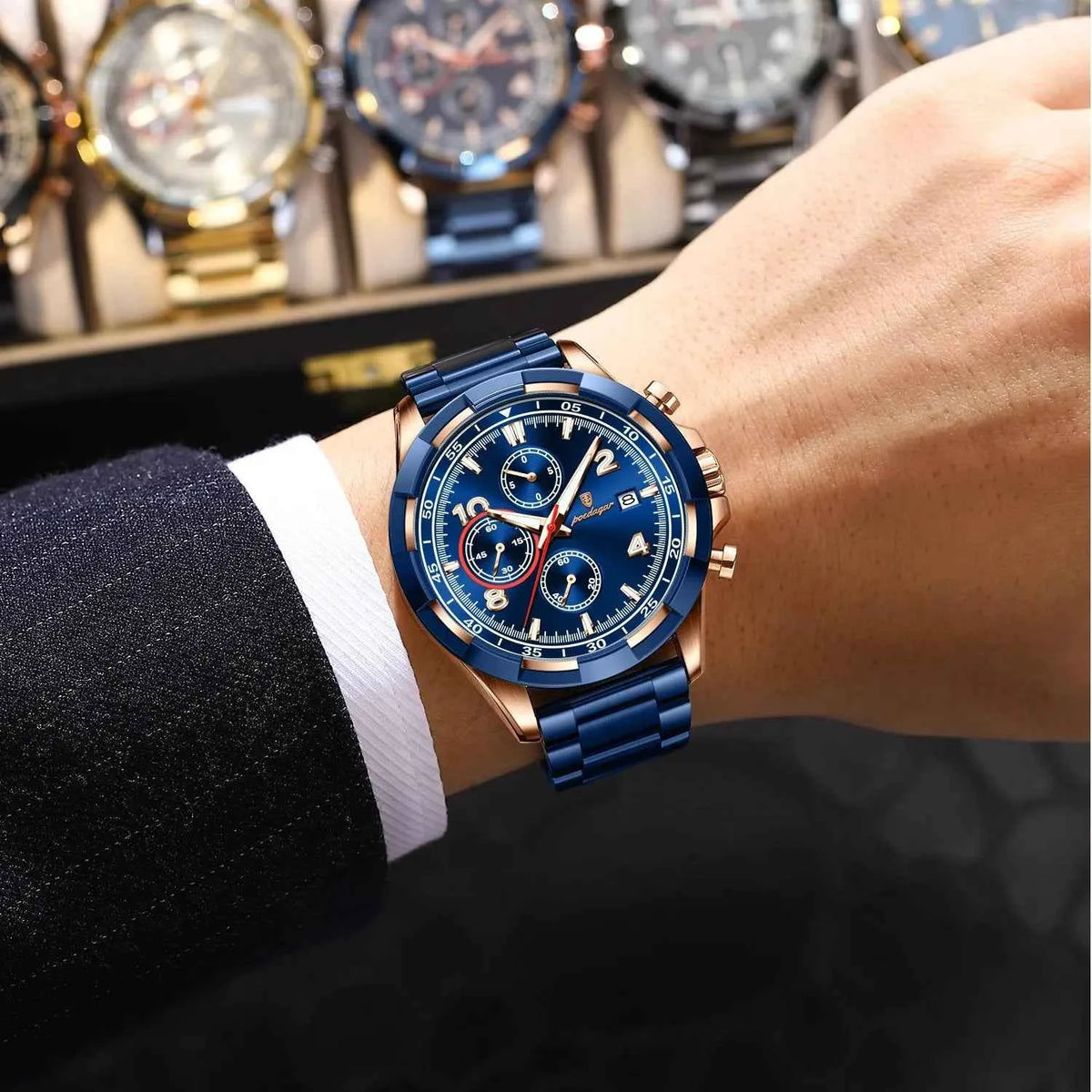 POEDAGAR Magnate Watch Men Rose Gold Steel Chrono 2 Colors