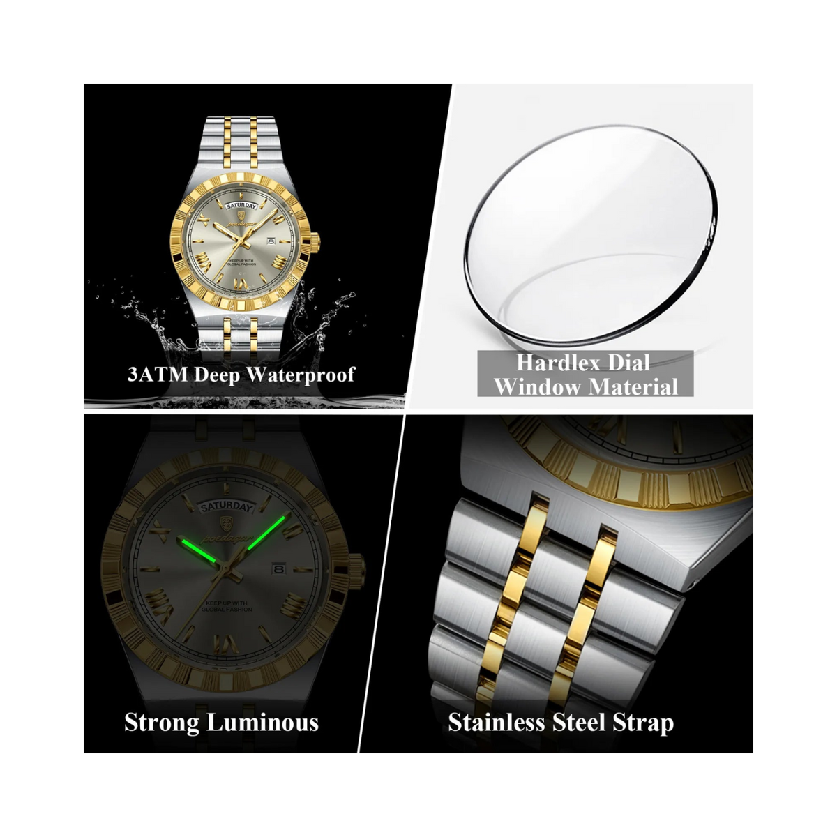 POEDAGAR Sovereign Watch Men Steel Day Date Luminous 3 Colors