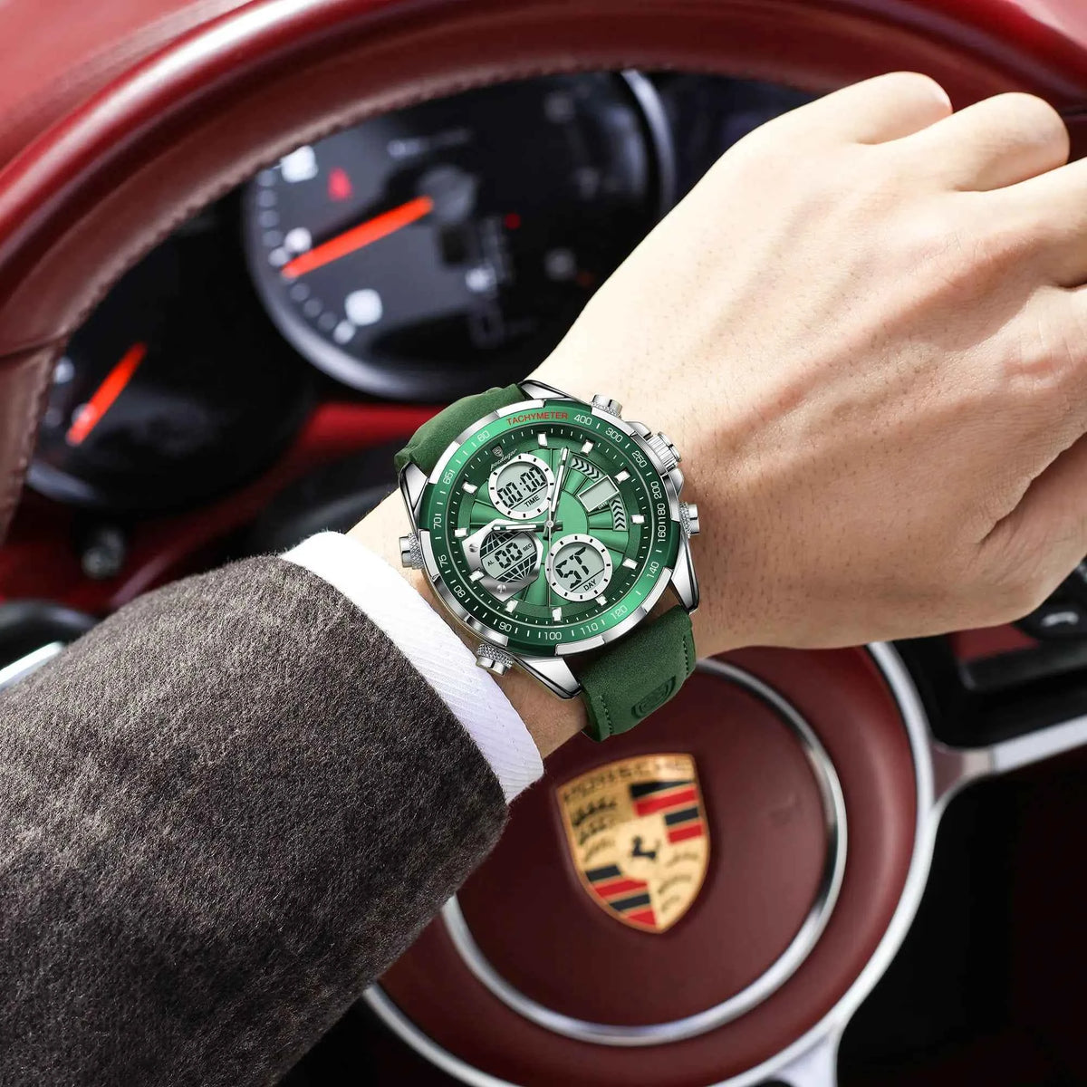 POEDAGAR Fusion Watch Men Dual Display Digital Analog Leather