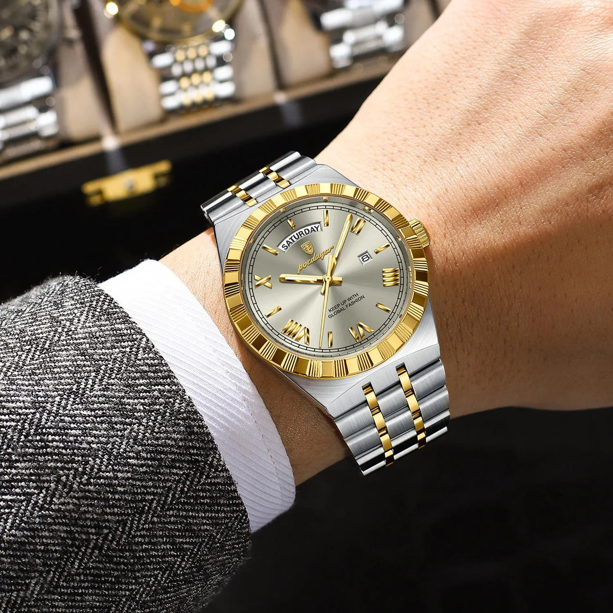 POEDAGAR Sovereign Watch Men Steel Day Date Luminous 3 Colors