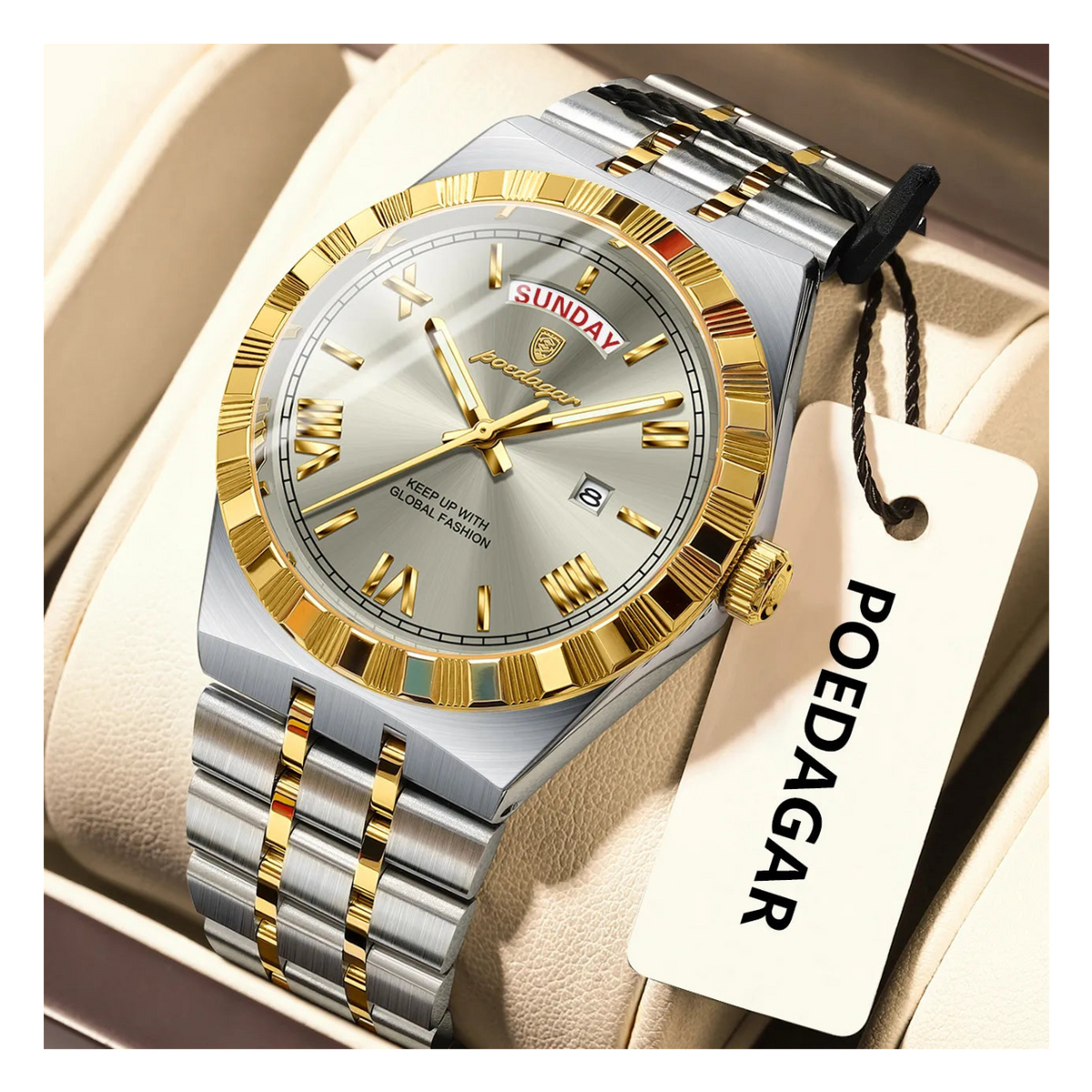 POEDAGAR Sovereign Watch Men Steel Day Date Luminous 3 Colors