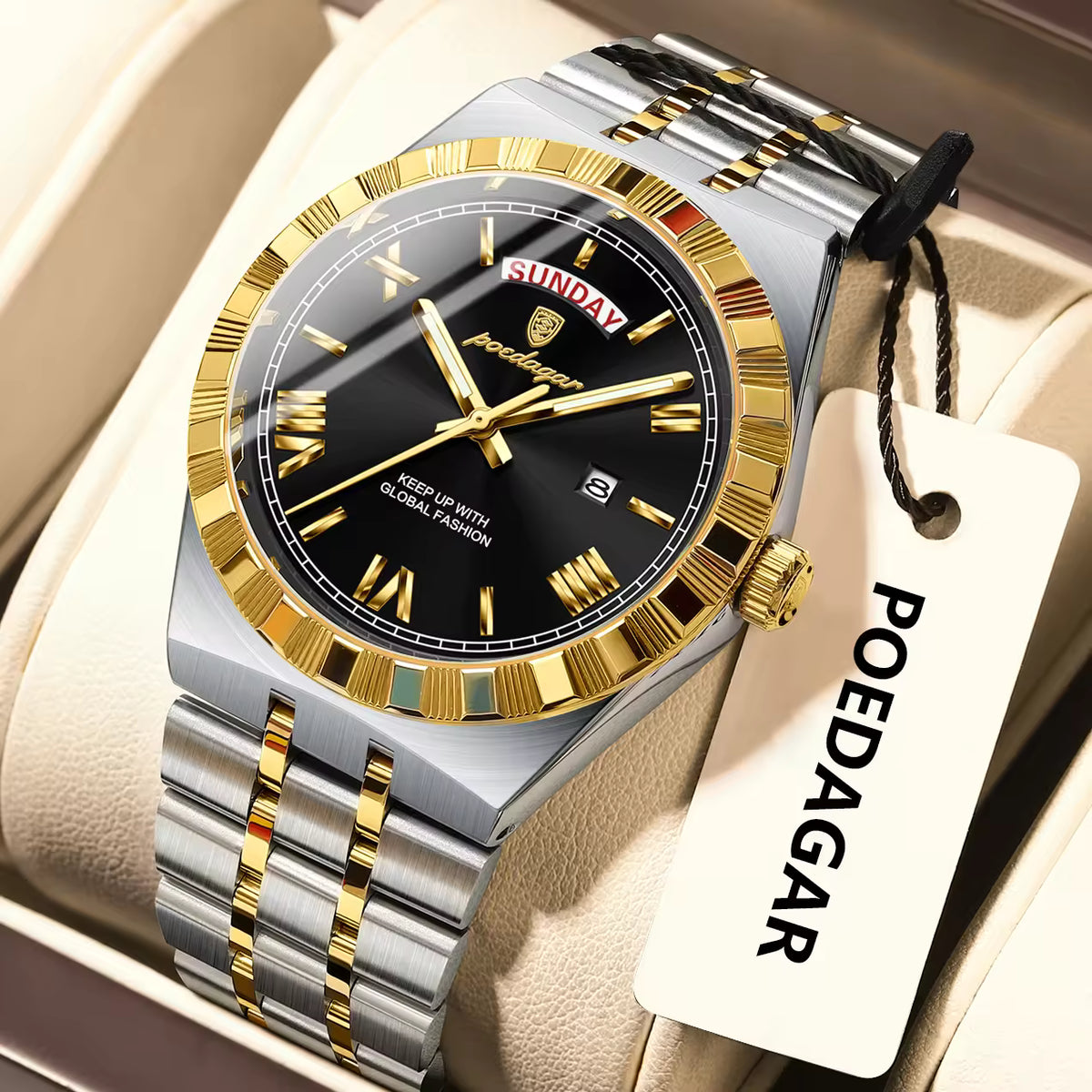 POEDAGAR Sovereign Watch Men Steel Day Date Luminous 3 Colors