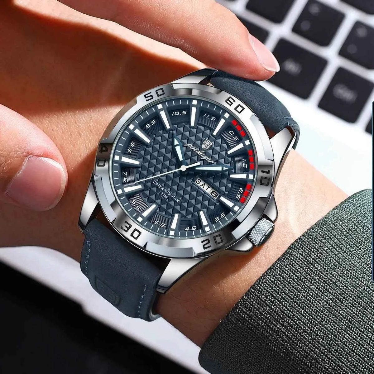 POEDAGAR Heritage Leather Watch Men Blue Dial Day Date Luminous