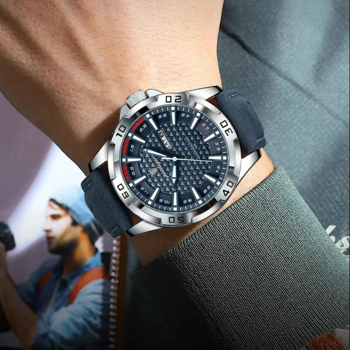 POEDAGAR Heritage Leather Watch Men Blue Dial Day Date Luminous