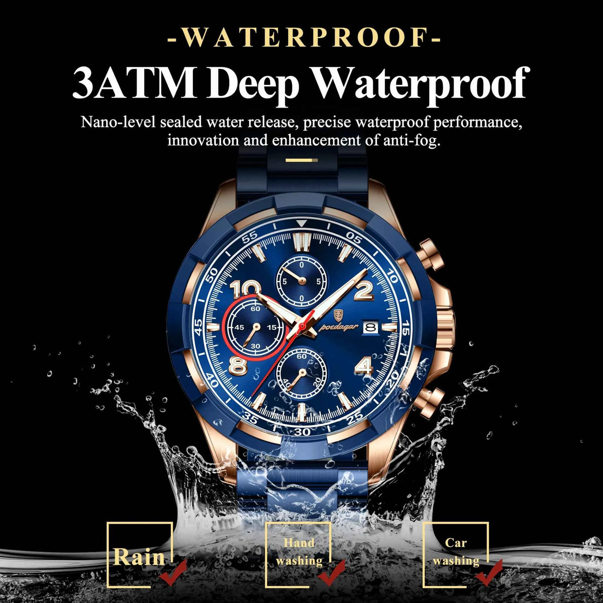 POEDAGAR Magnate Watch Men Rose Gold Steel Chrono 2 Colors