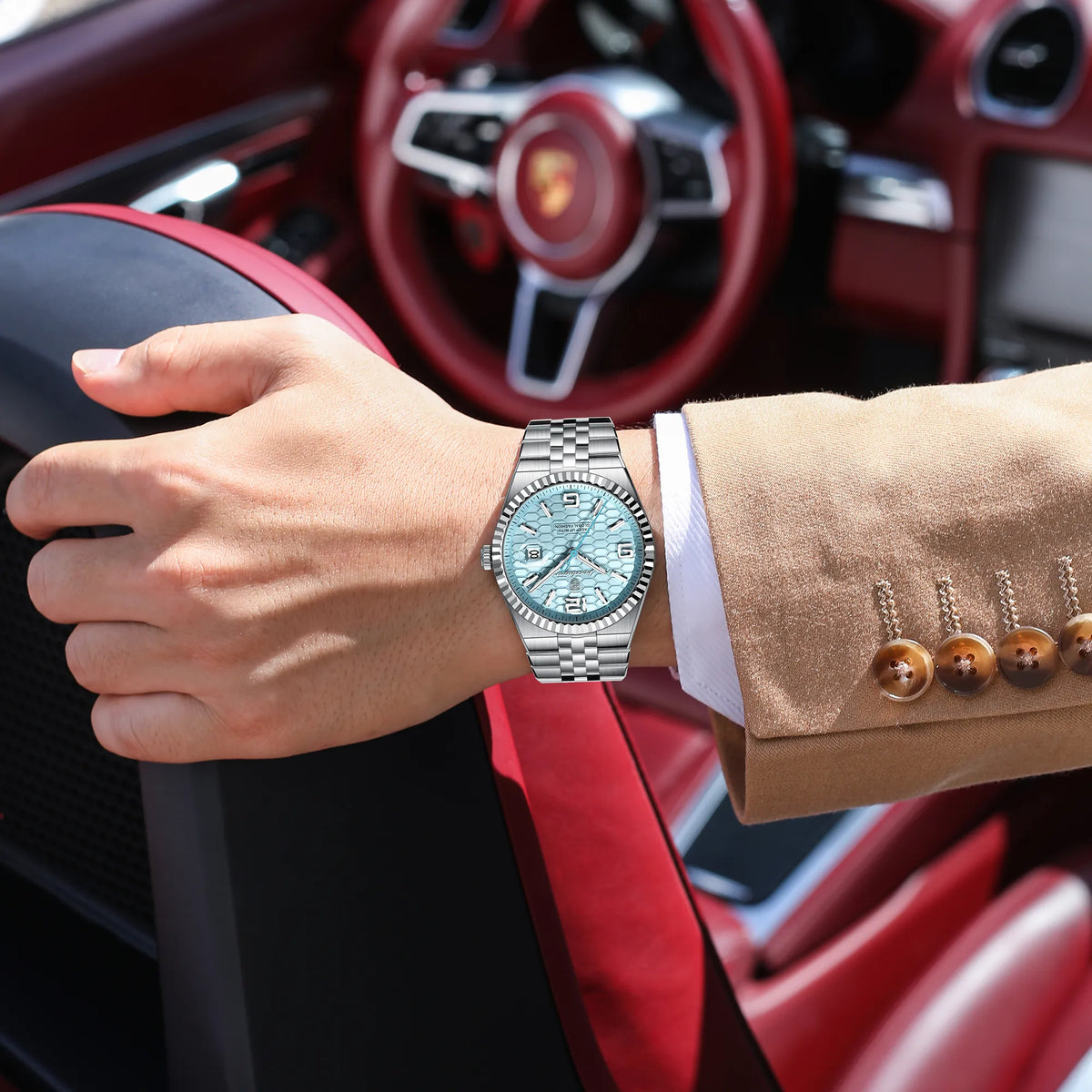 POEDAGAR Crown Watch Men Steel Honeycomb Dial Date Luminous