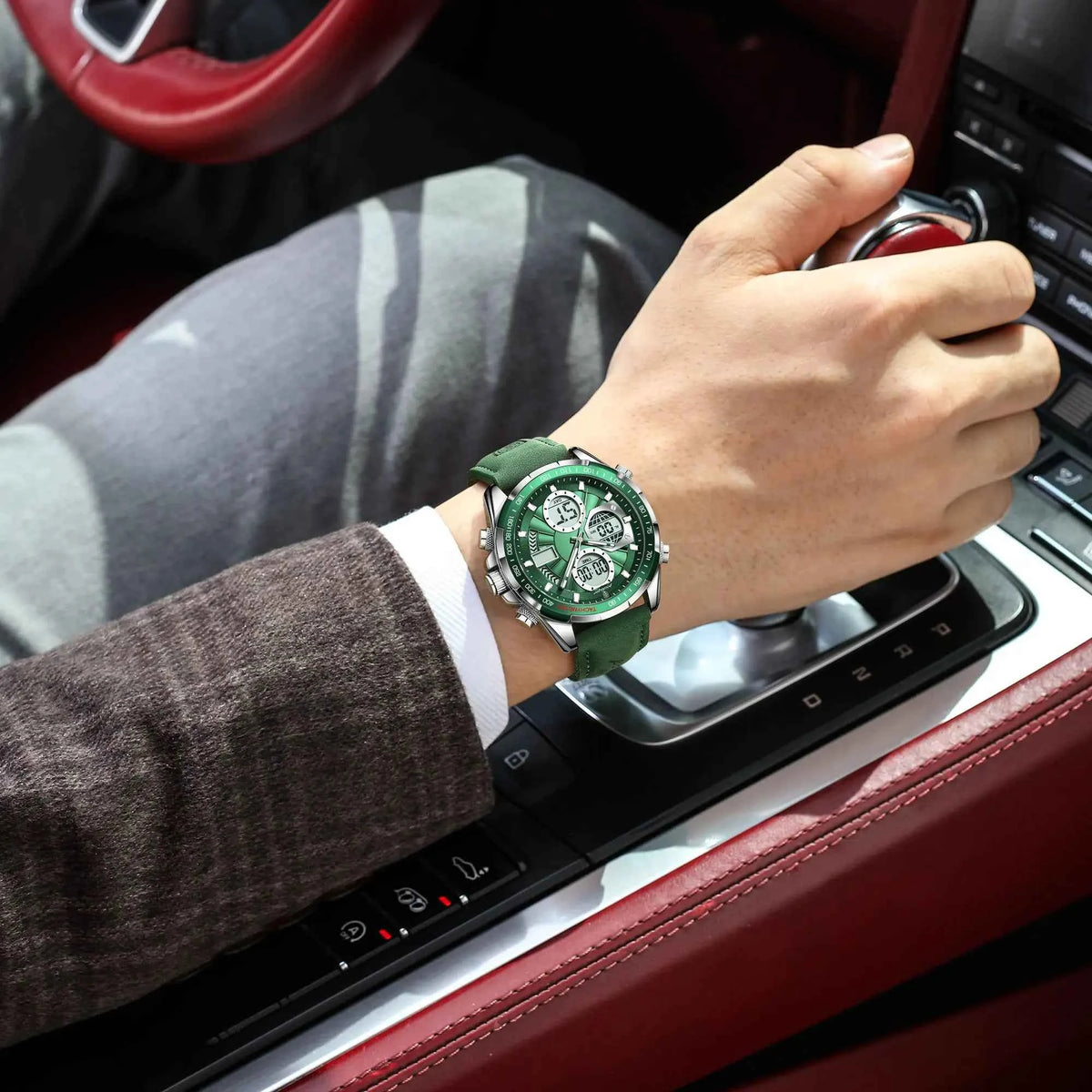 POEDAGAR Fusion Watch Men Dual Display Digital Analog Leather