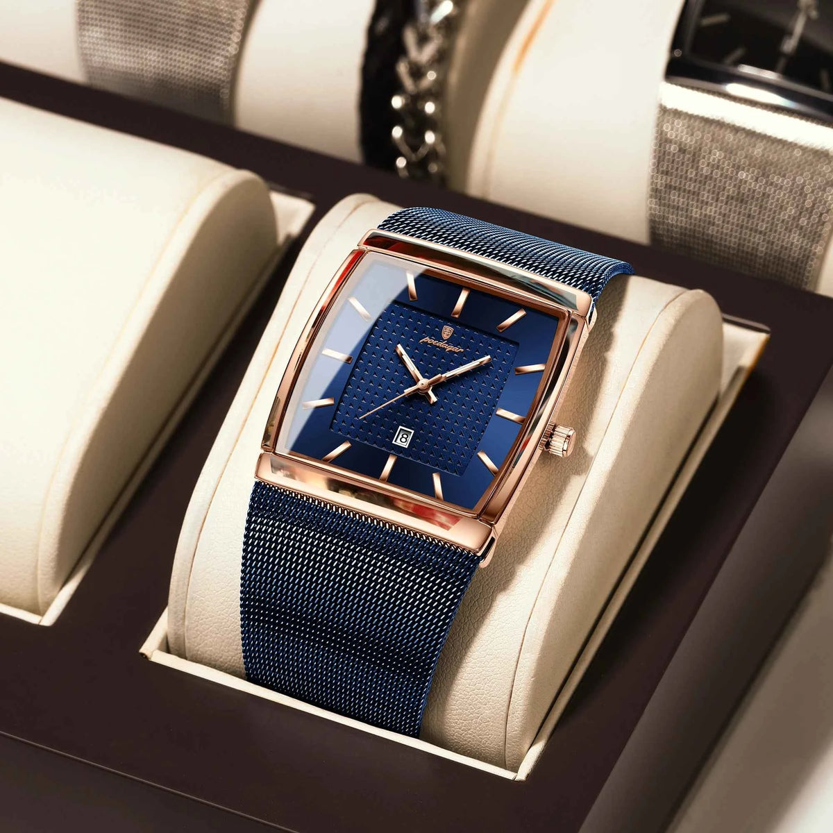 POEDAGAR Icon Square Watch Men Mesh Steel Date Luminous 3 Colors