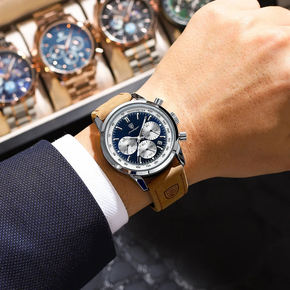 POEDAGAR Signature Watch Men Blue Dial Date Luminous 2 Straps