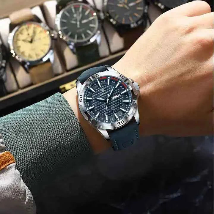 POEDAGAR Heritage Leather Watch Men Blue Dial Day Date Luminous