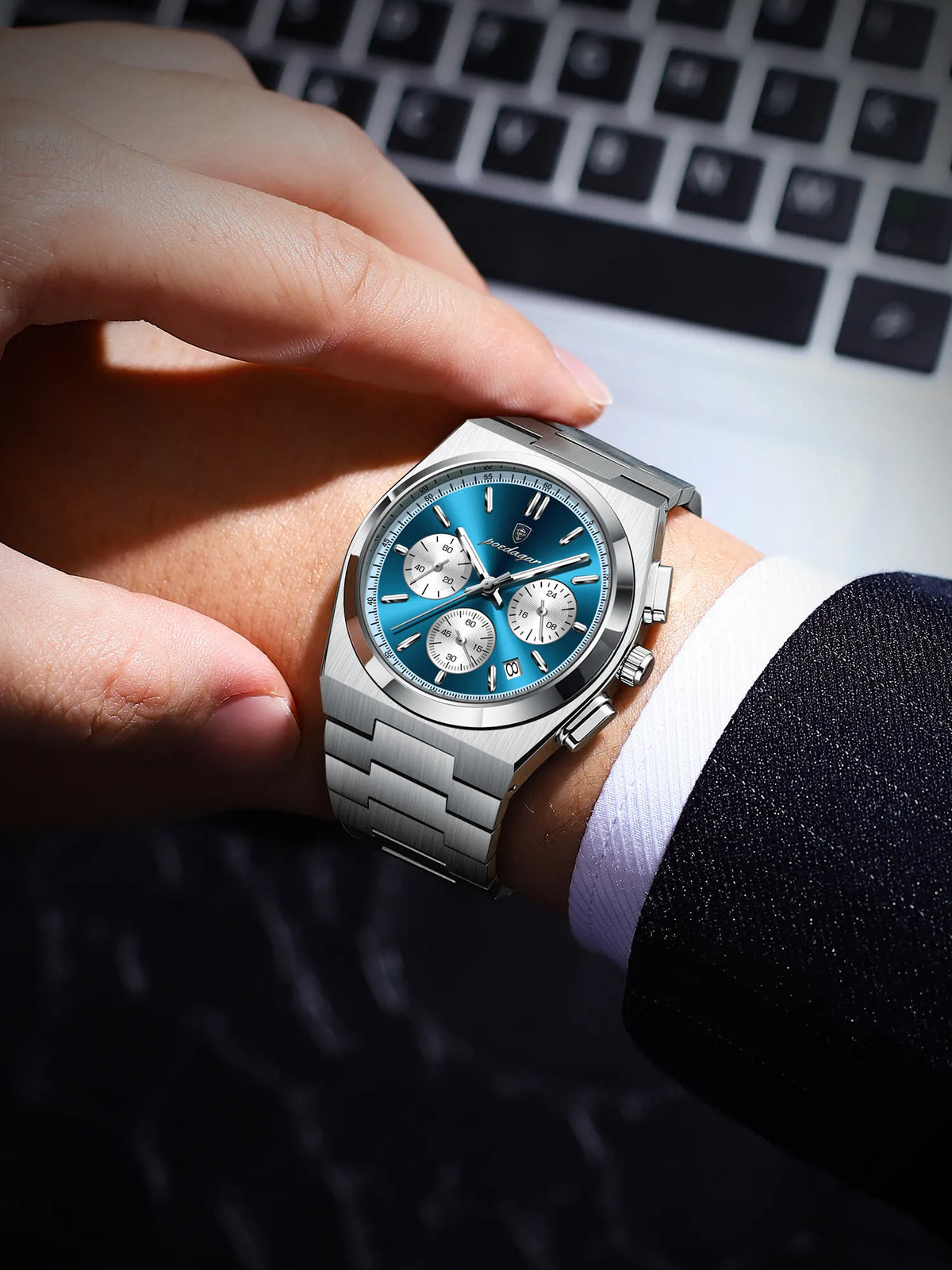 POEDAGAR Apex Chronograph Watch Men Steel Blue Dial Luminous
