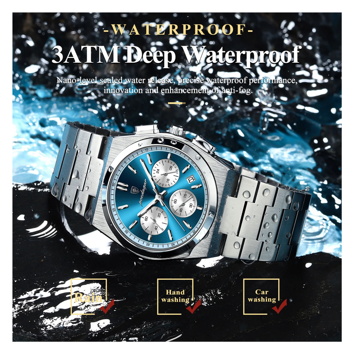 POEDAGAR Apex Chronograph Watch Men Steel Blue Dial Luminous