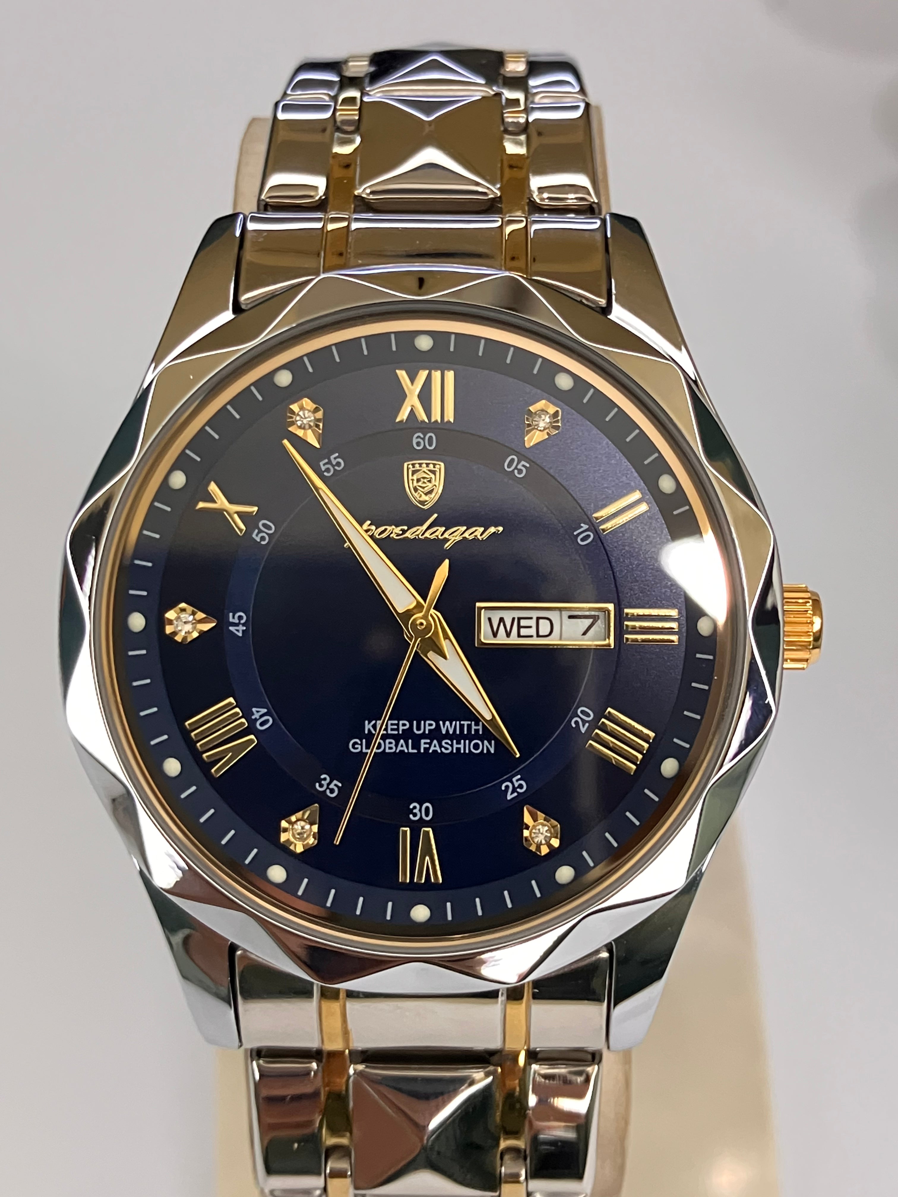 Elegant Men's Dual-Tone Wristwatch – Royal Blue Dial with Day & Date Display