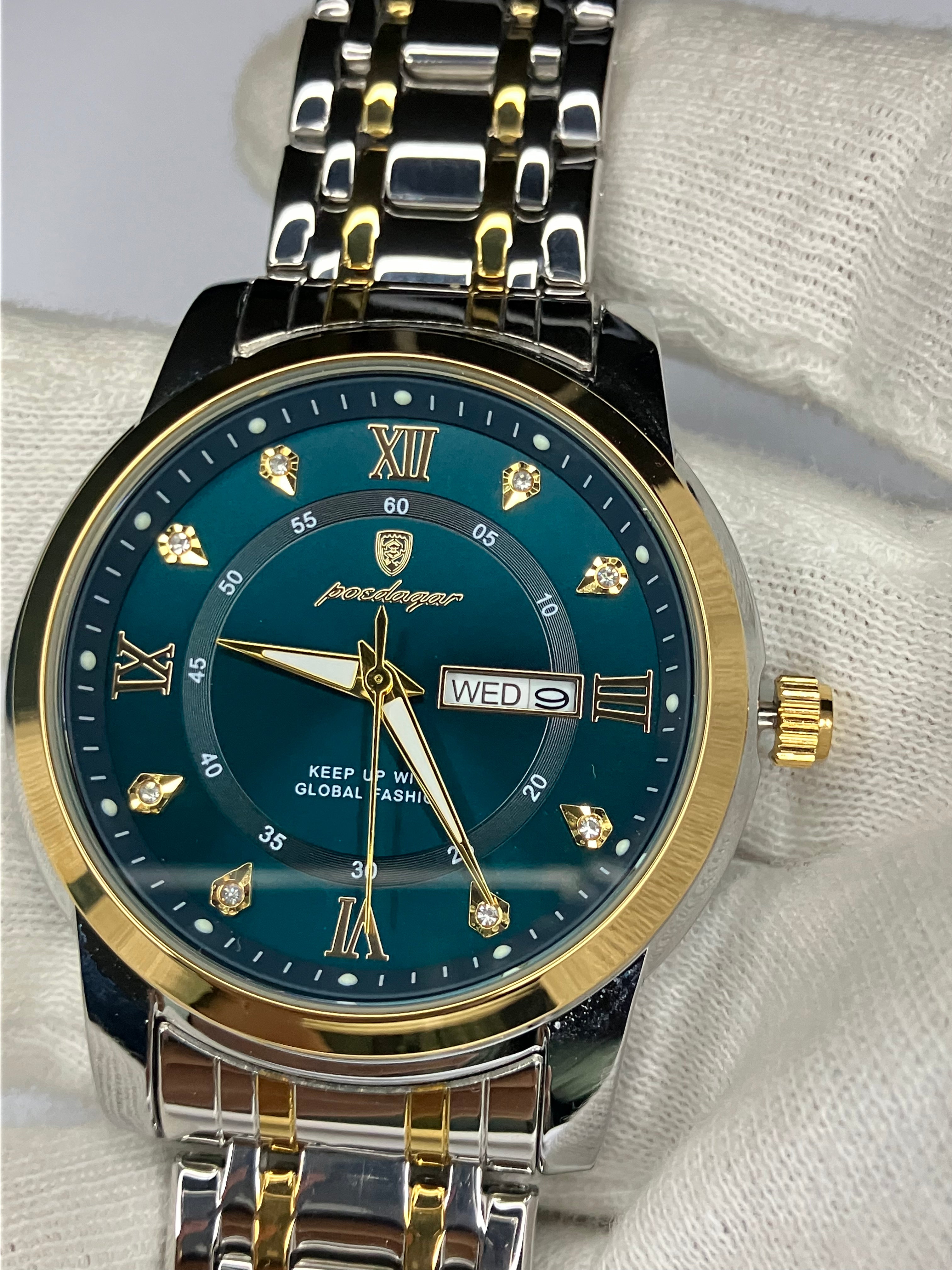 Luxury Green Dial Men's Watch – Dual-Tone Steel Strap | Day & Date Display